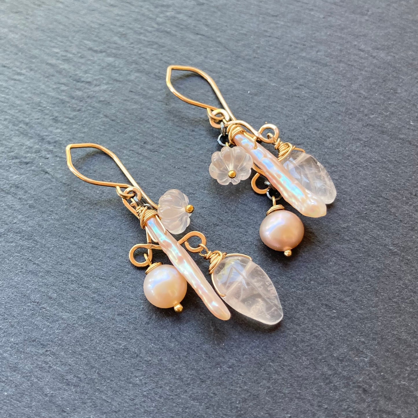 Rose Quartz, Pink Freshwater Pearl & Mixed Metal Earrings