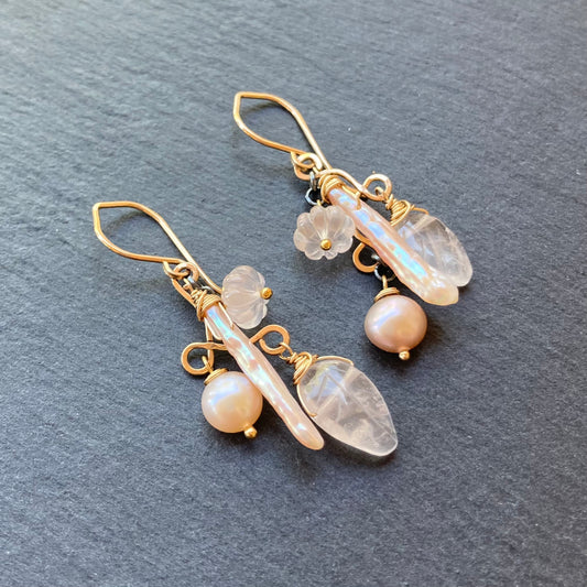 Rose Quartz, Pink Freshwater Pearl & Mixed Metal Earrings