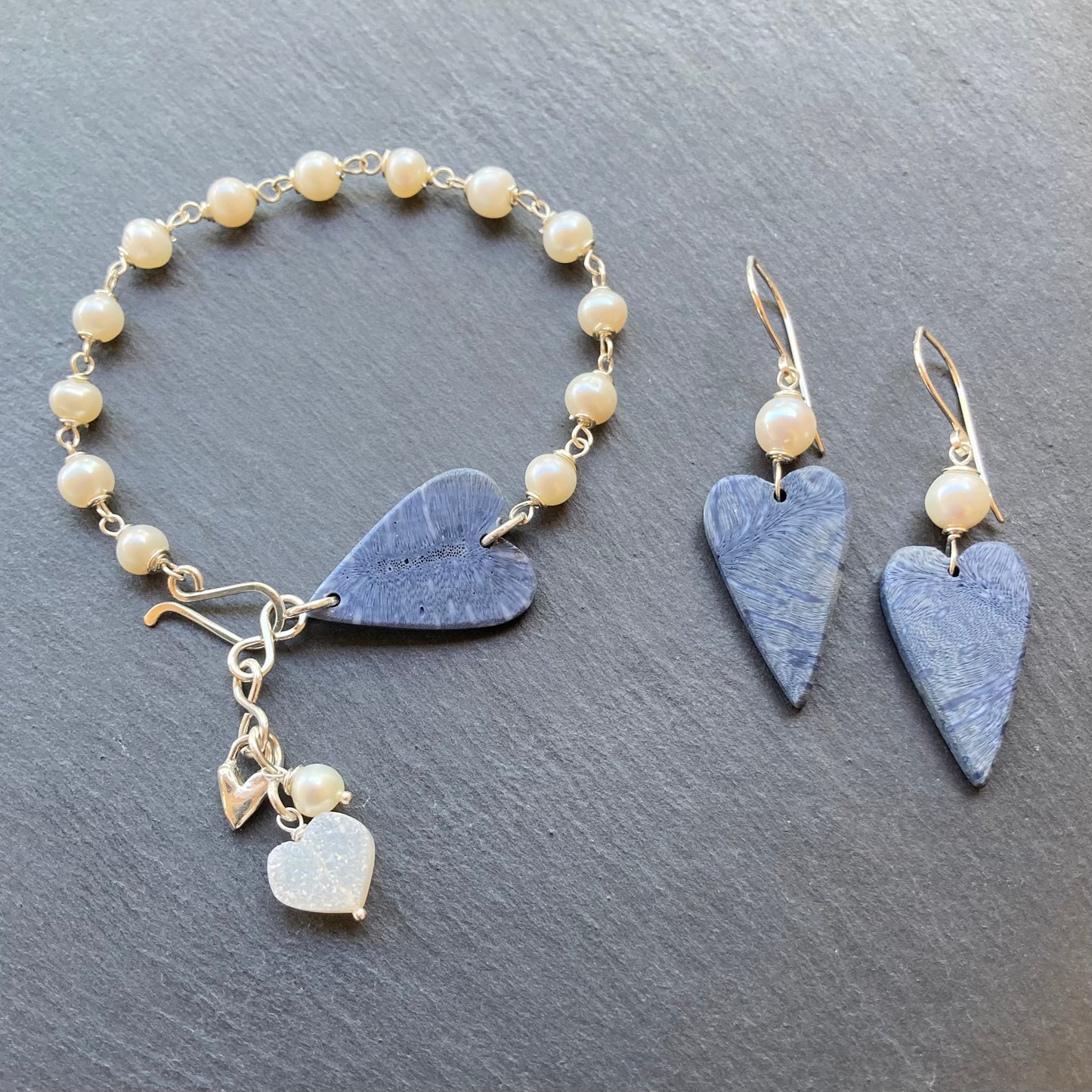 Freshwater Pearl, Sterling Silver & Blue Coral Heart Charm Bracelet