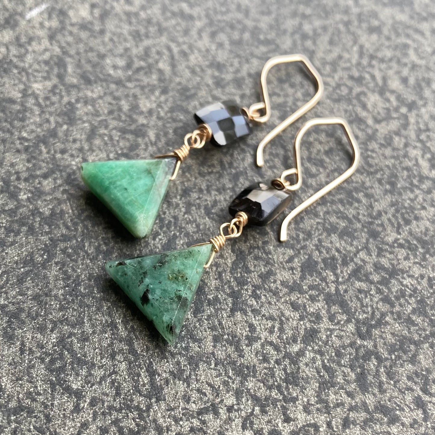 Natural Emerald, Black Spinel & Gold Earrings