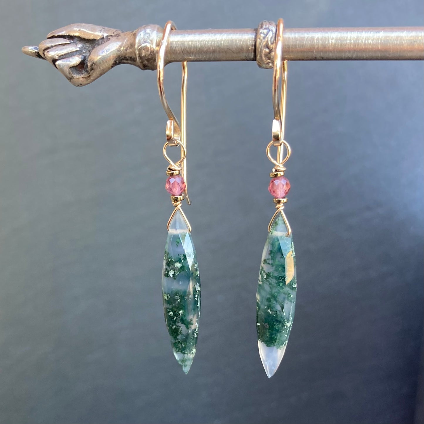 Moss Agate & Gold Marquis Earrings