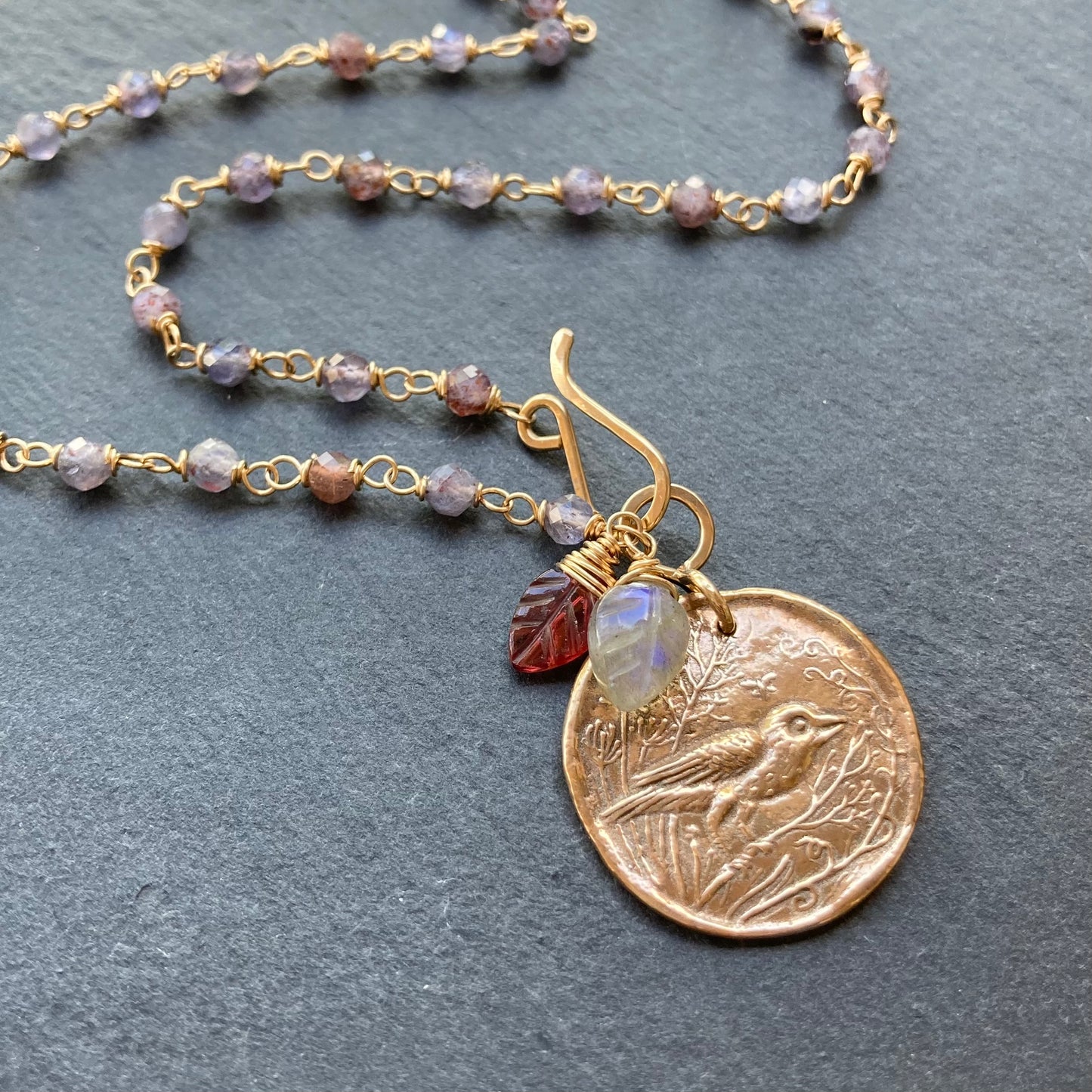 Iolite Sunstone, Gold & Bronze Scrub Jay Pendant Necklace