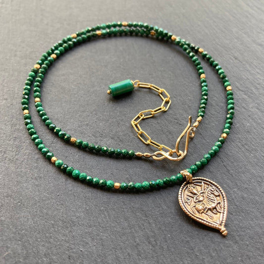 Malachite, Gold & Bronze Medieval Warrior Pendant Necklace