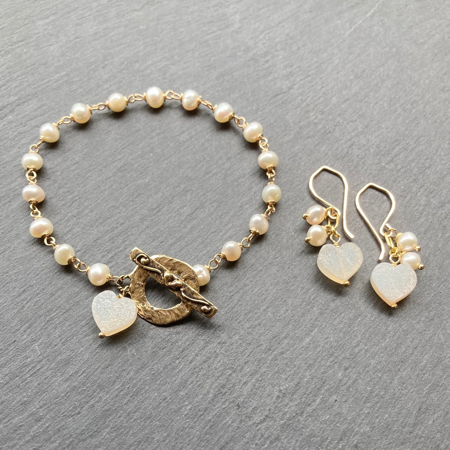 Freshwater Pearl, Druzy Heart & Gold Earrings
