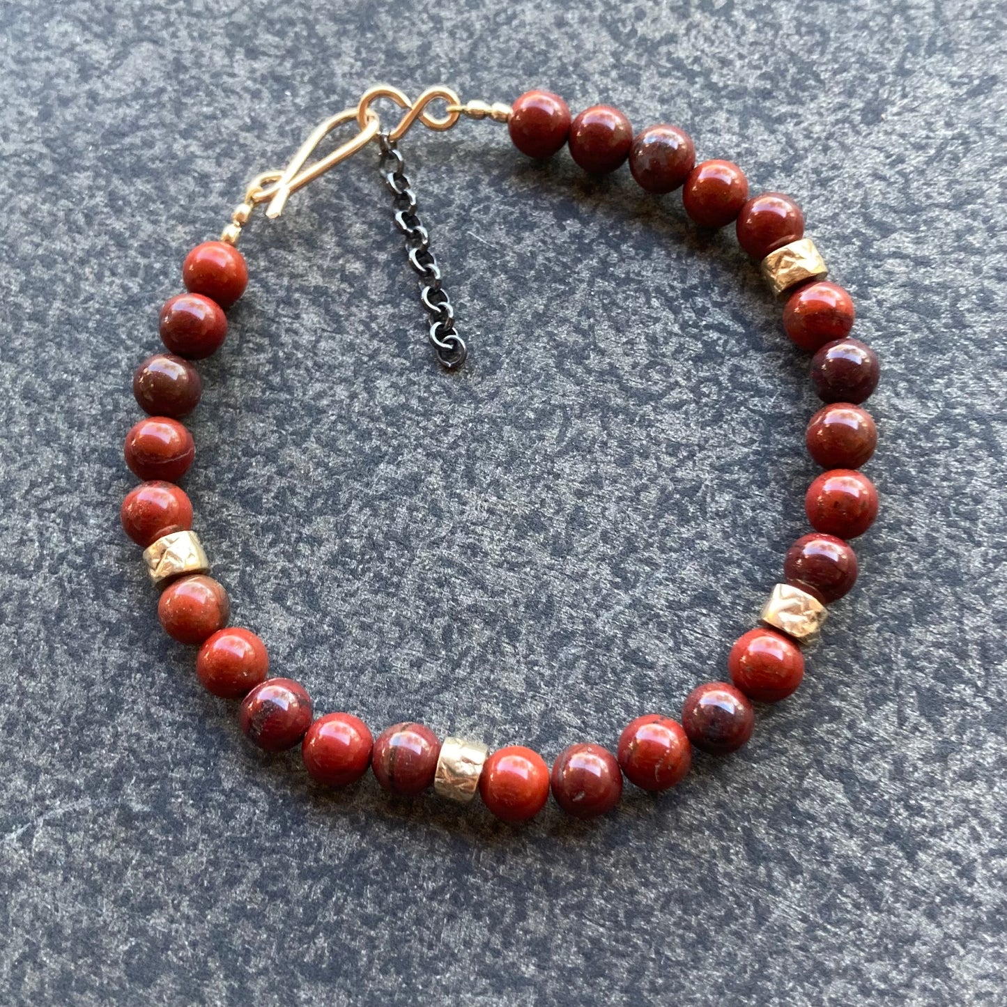 Men’s/Unisex Apple Jasper & Artisan Bronze Bead Mixed Metal Bracelet