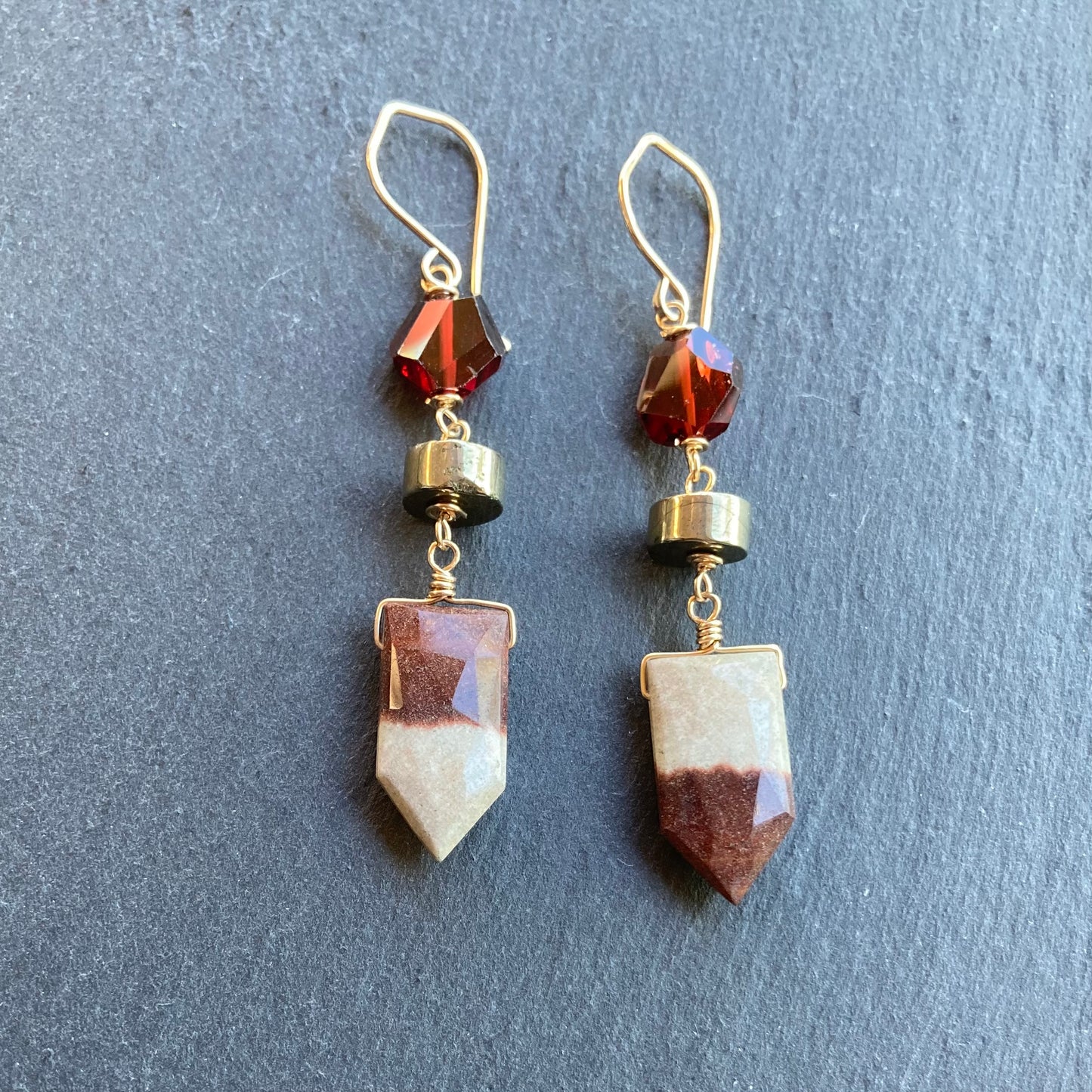 Mookaite, Mozambique Garnet, Pyrite & Gold Earrings