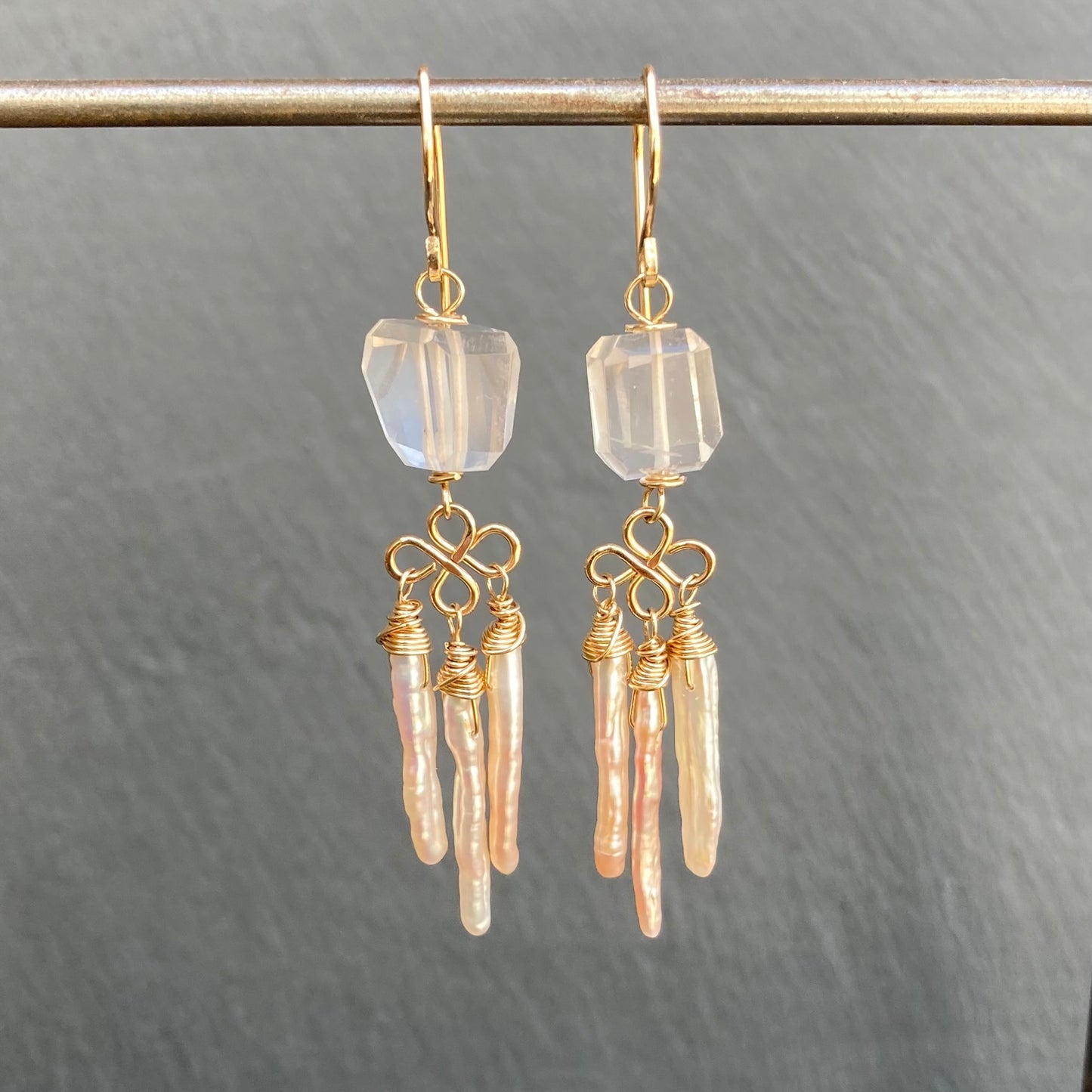 Angel Pink Biwa Pearl, Rose Quartz & Gold Fringe Earrings