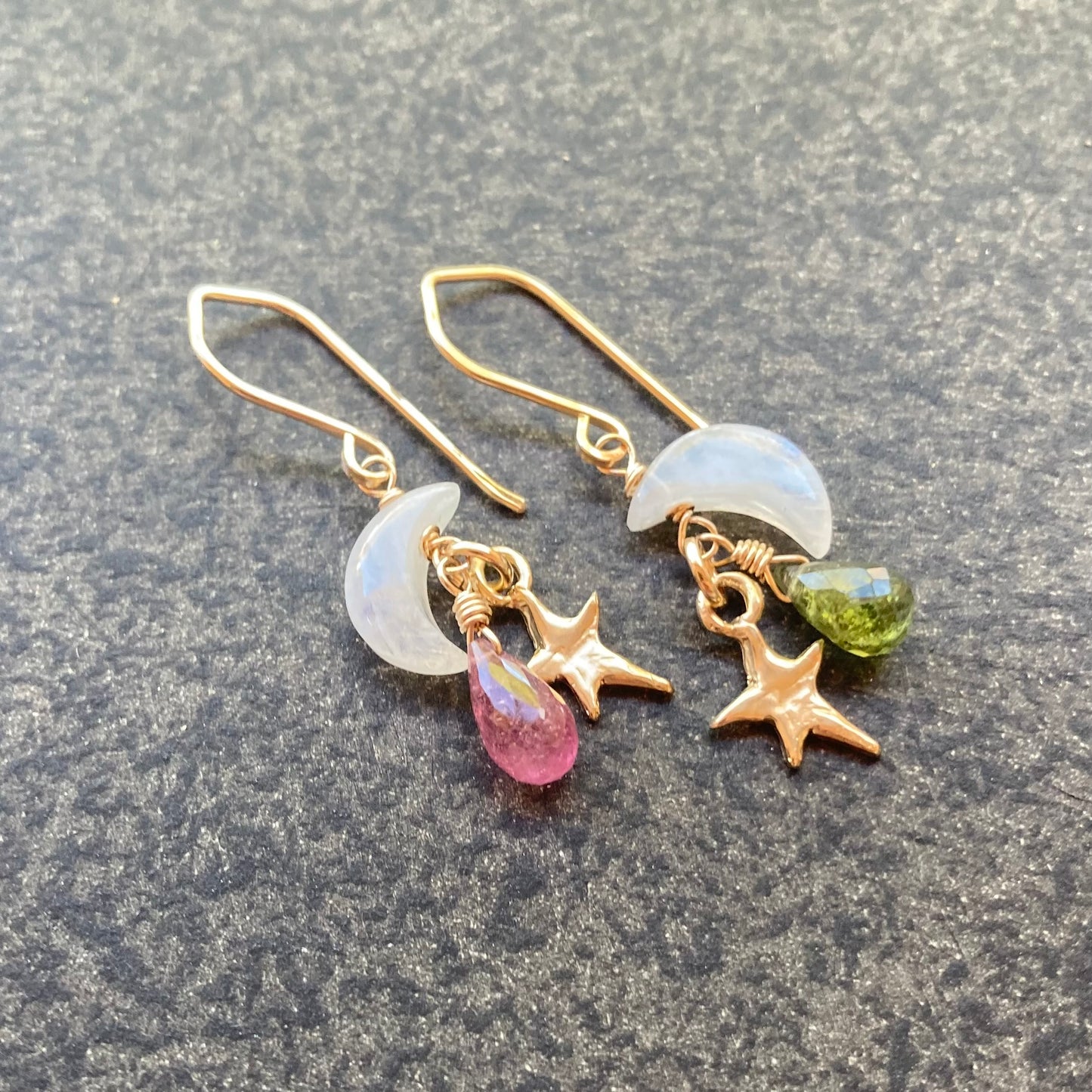 Rainbow Moonstone, Tourmaline & Mixed Metal Moon Drops Earrings