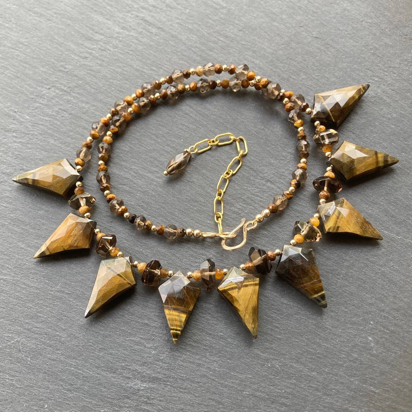 Tiger’s Eye, Smoky Quartz & Gold Arrowhead Collar
