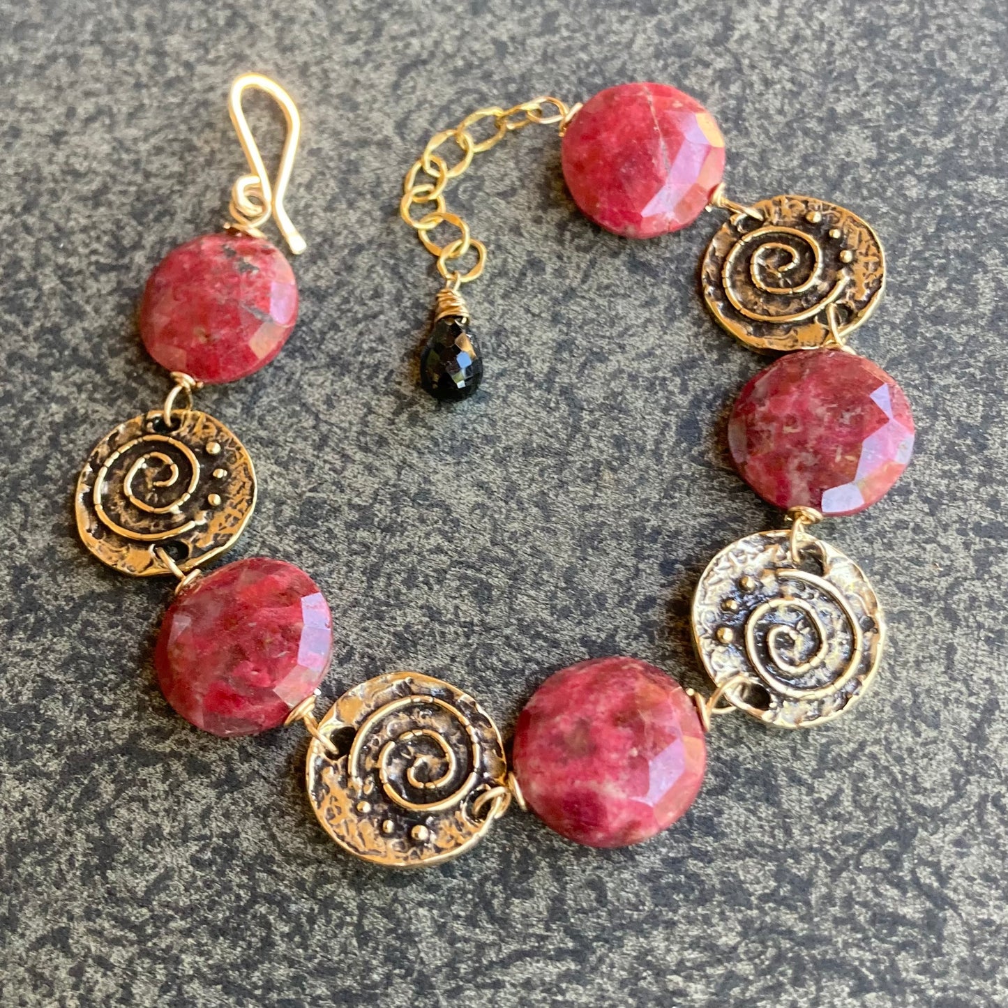 Thulite & Bronze Spiral Coin Bracelet