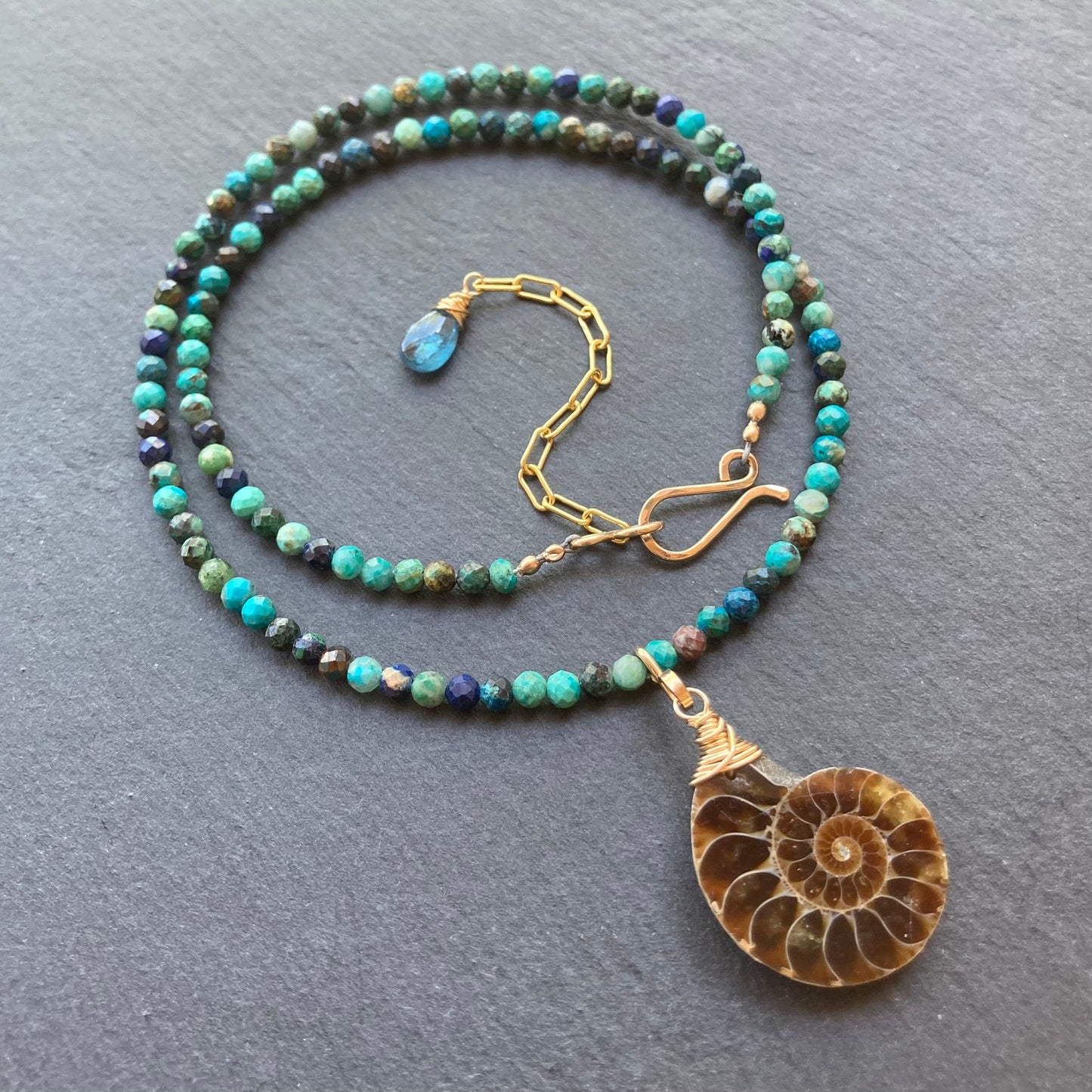 Chrysocolla Azurite & Gold Ammonite Pendant Choker