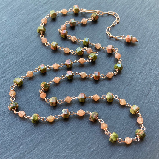 Unakite, Sunstone & Rose Gold Necklace