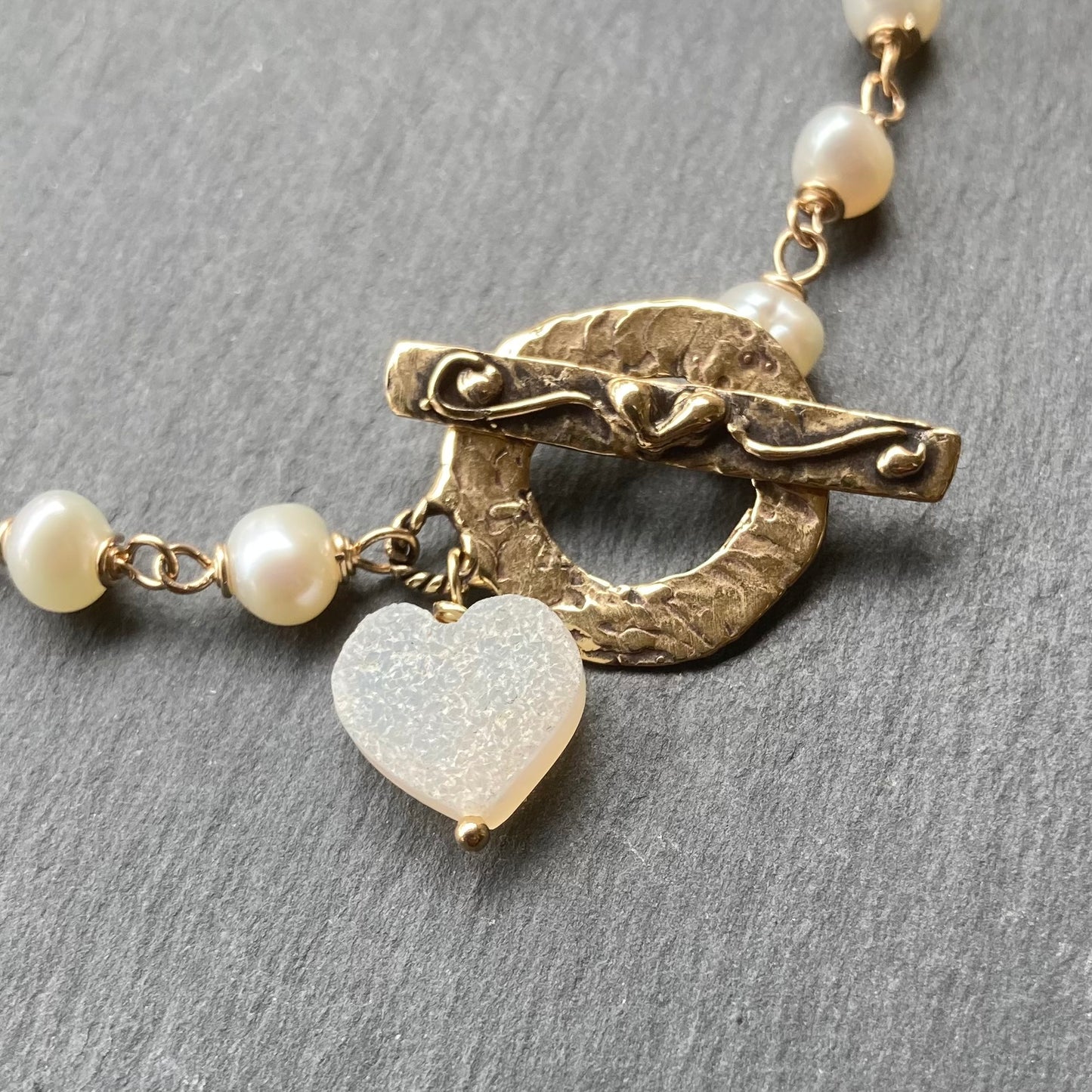 Freshwater Pearl, Gold & Bronze Heart Toggle Bracelet