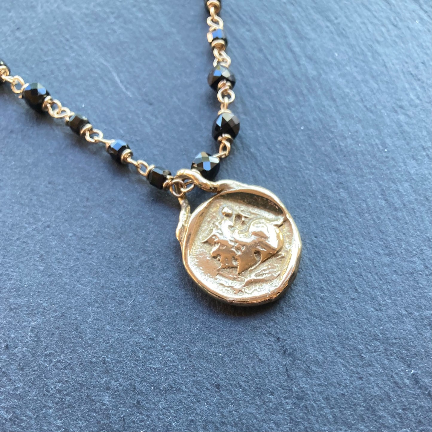 Black Spinel, Gold & Bronze Pegasus & Athena Stater Coin Necklace