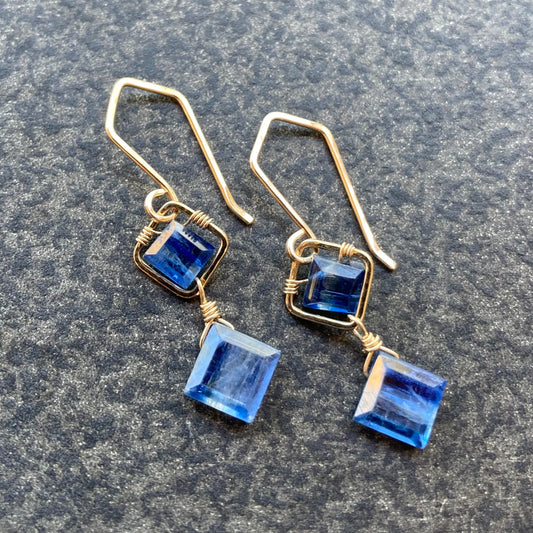 Blue Kyanite & 14k Gold Square Link Earrings