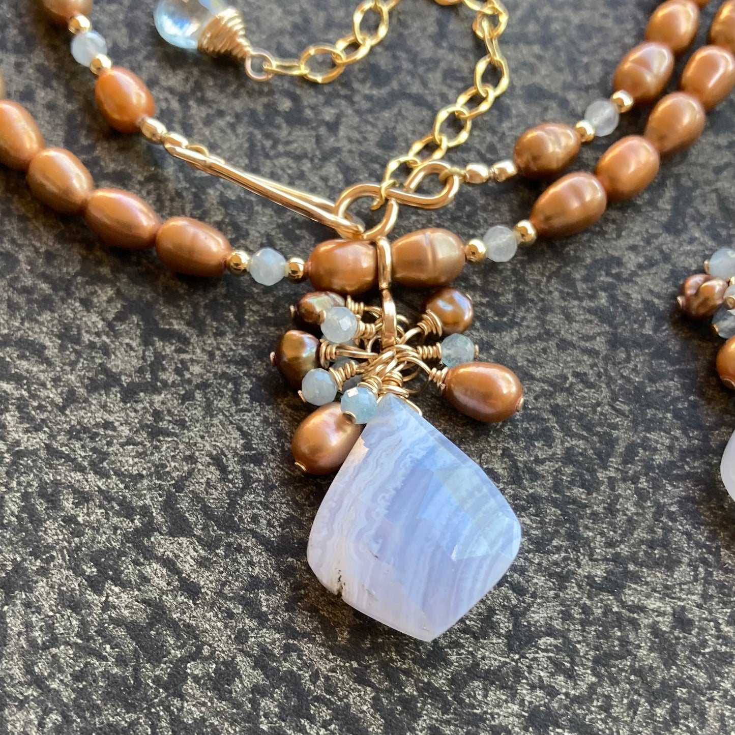 Blue Lace Agate, Copper Pearl & Aquamarine Pendant Necklace