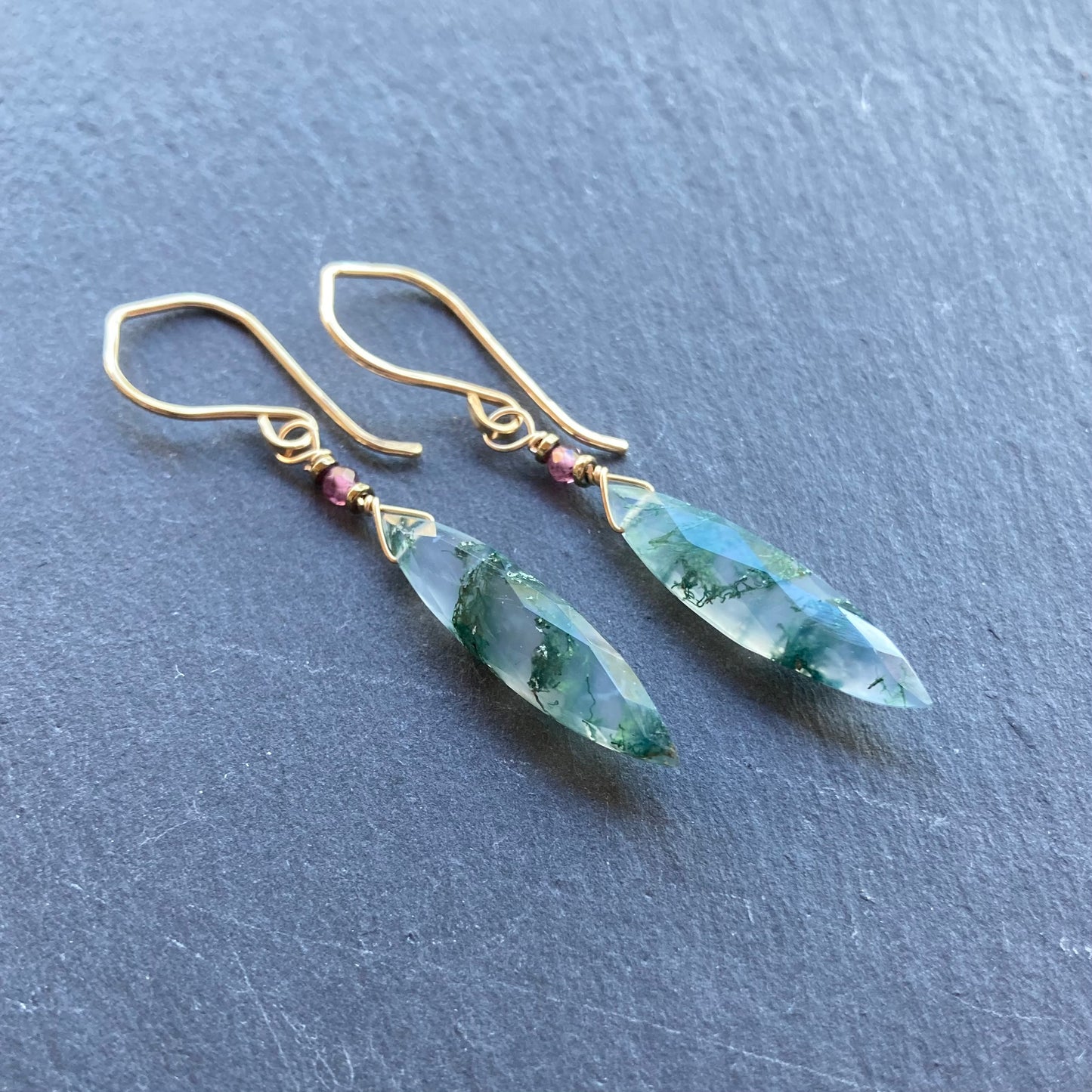 Moss Agate & Gold Marquis Earrings
