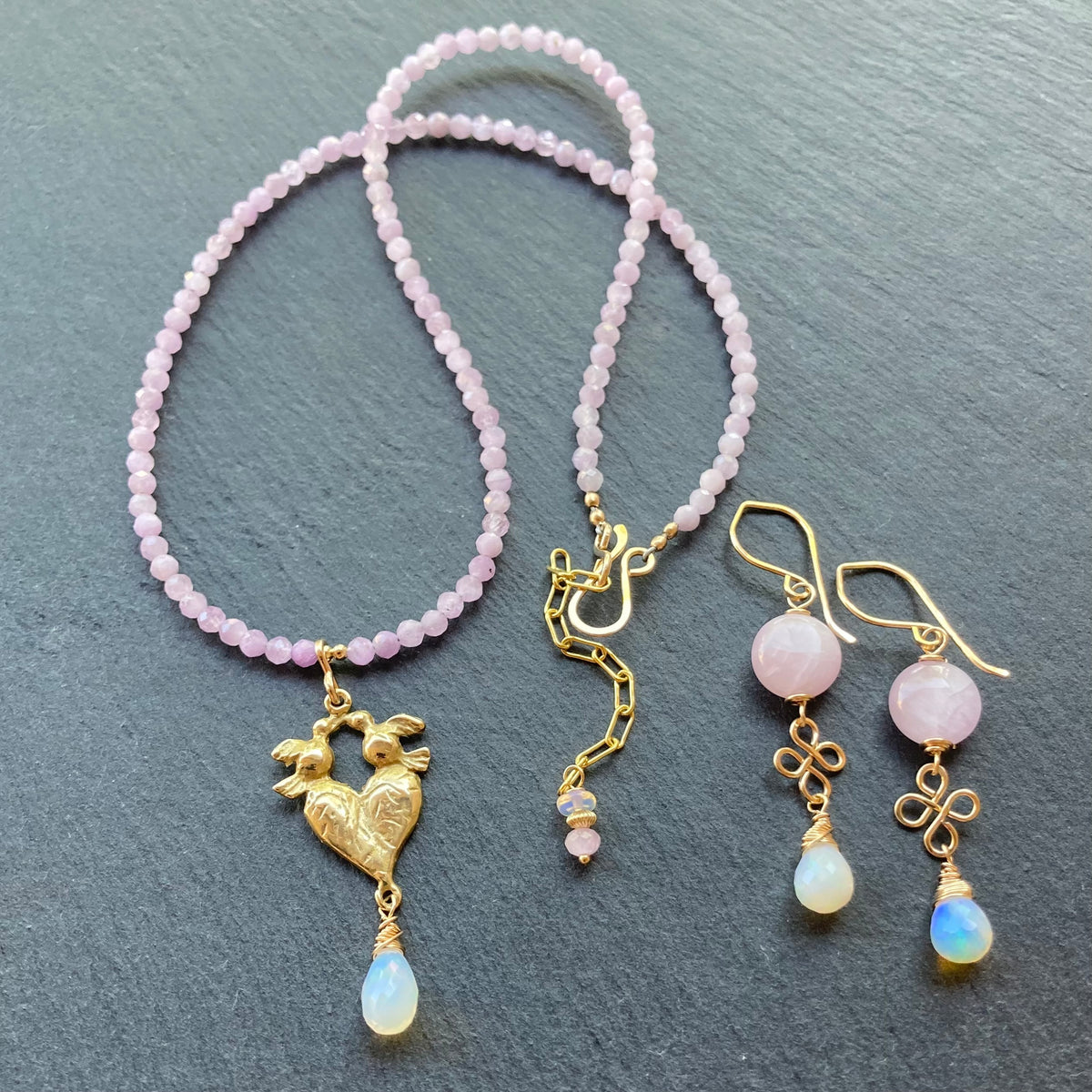 Kunzite, Ethiopian Opal, Gold & Bronze Love Birds Pendant Necklace