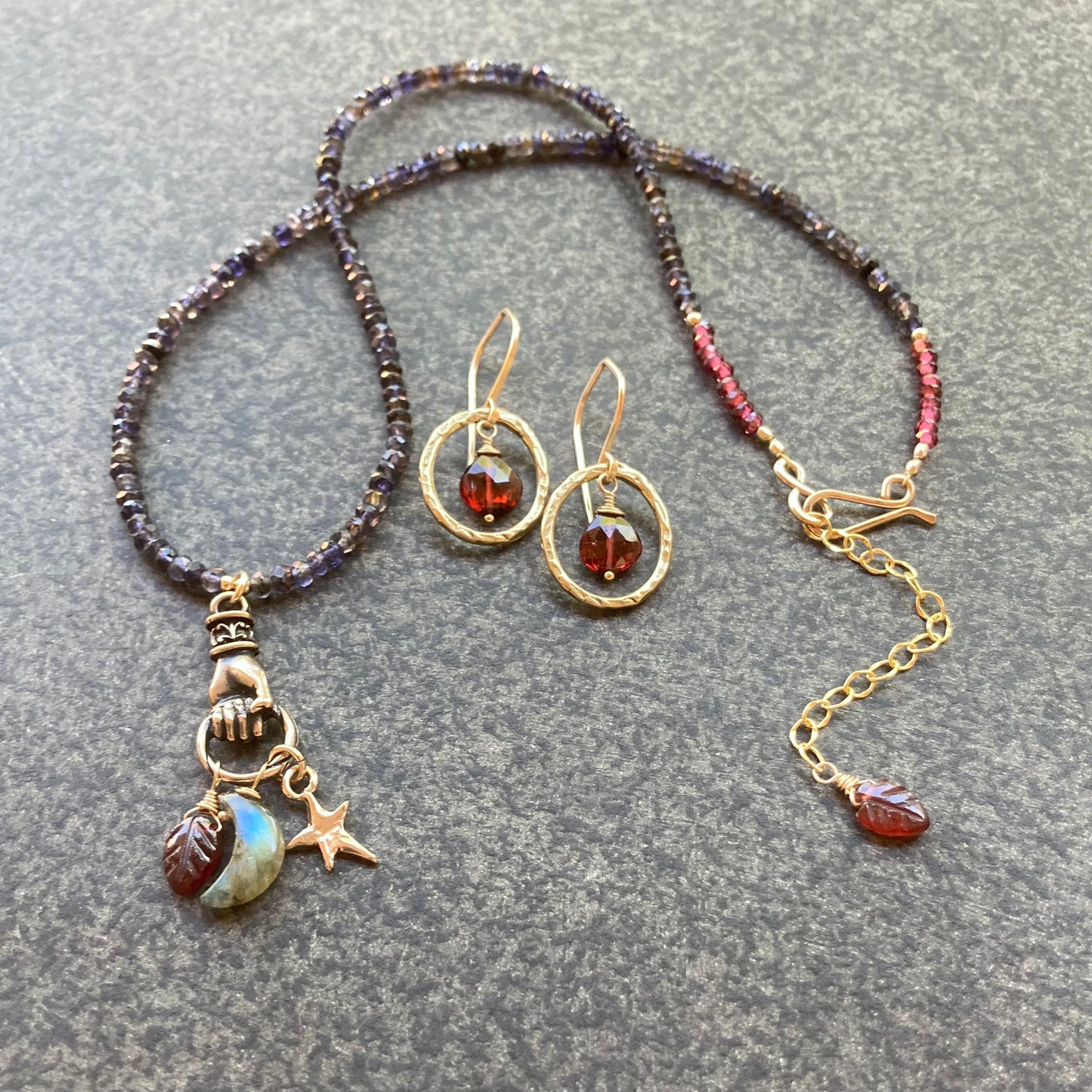 Iolite, Garnet, Gold & Bronze Earth Amulet Charm Choker