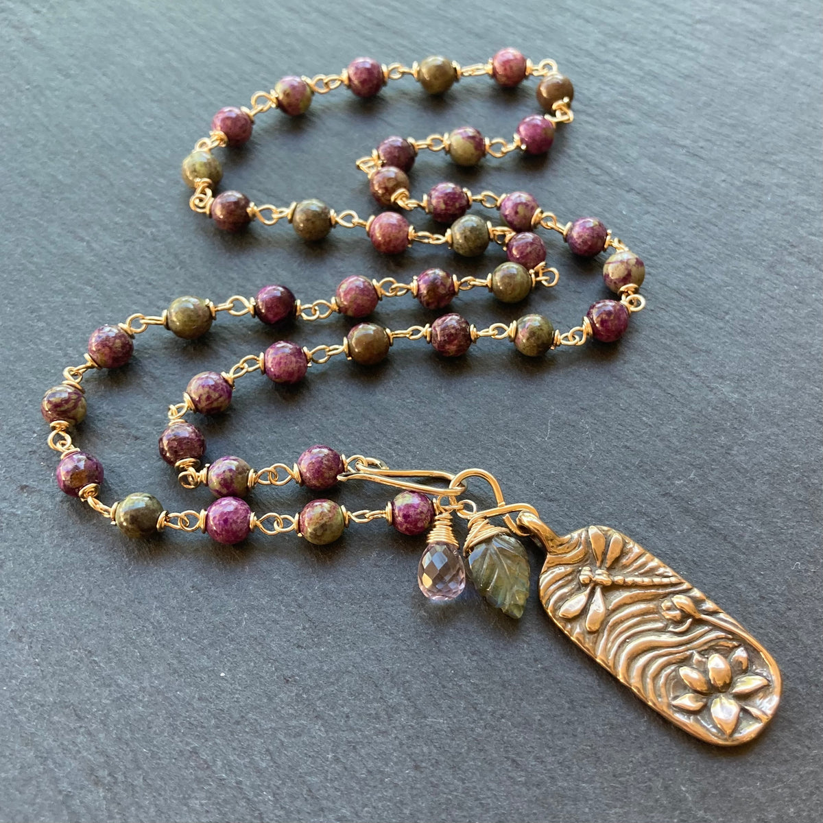Atlantisite Stichtite, Gold & Bronze Dragonfly Lily Pendant Necklace