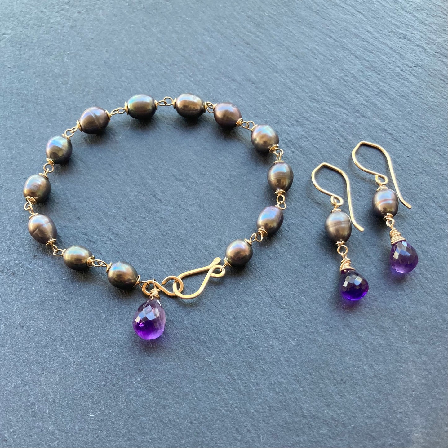 Amethyst, Peacock Pearl & Gold Earrings