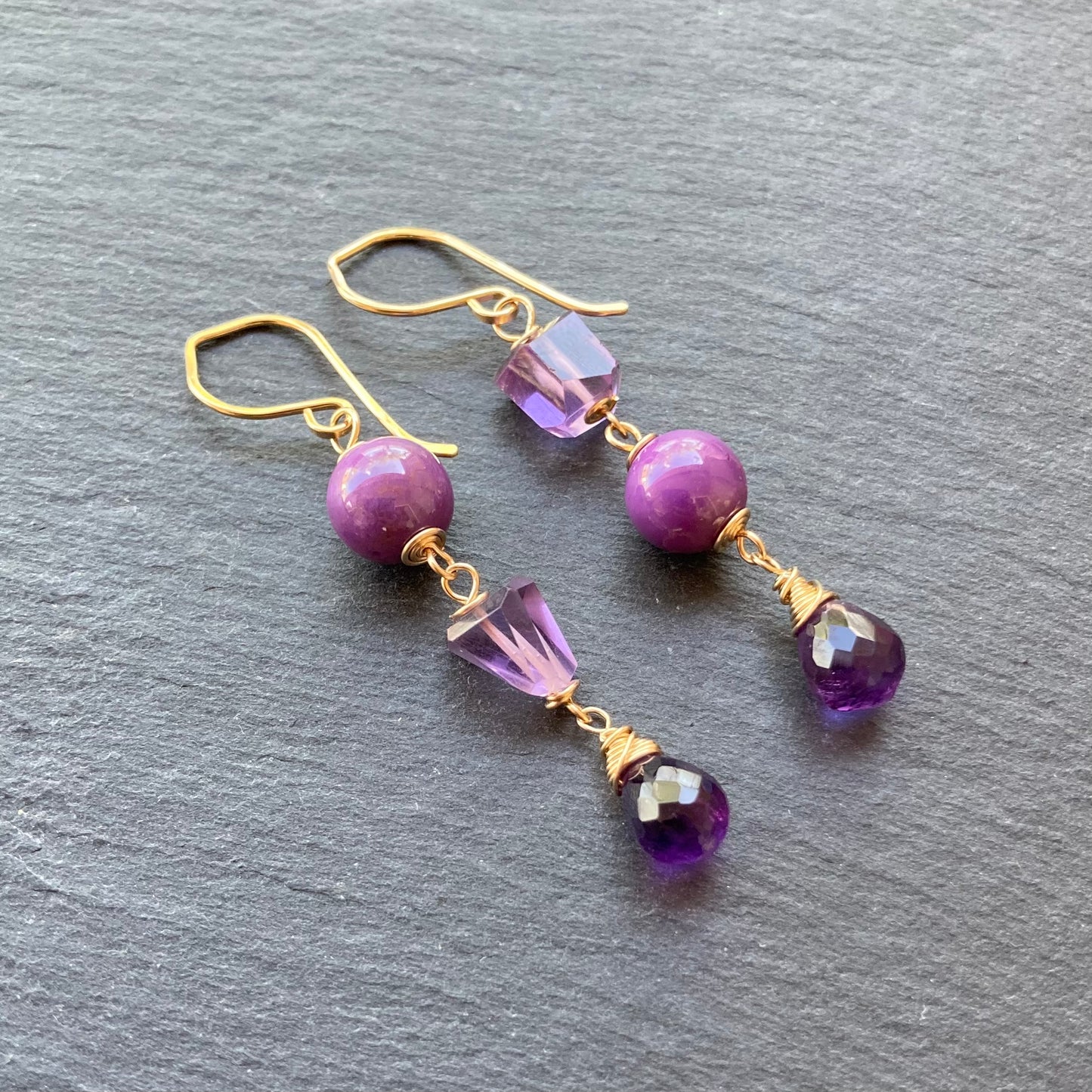 Phosphosiderite, Amethyst & Gold Earrings
