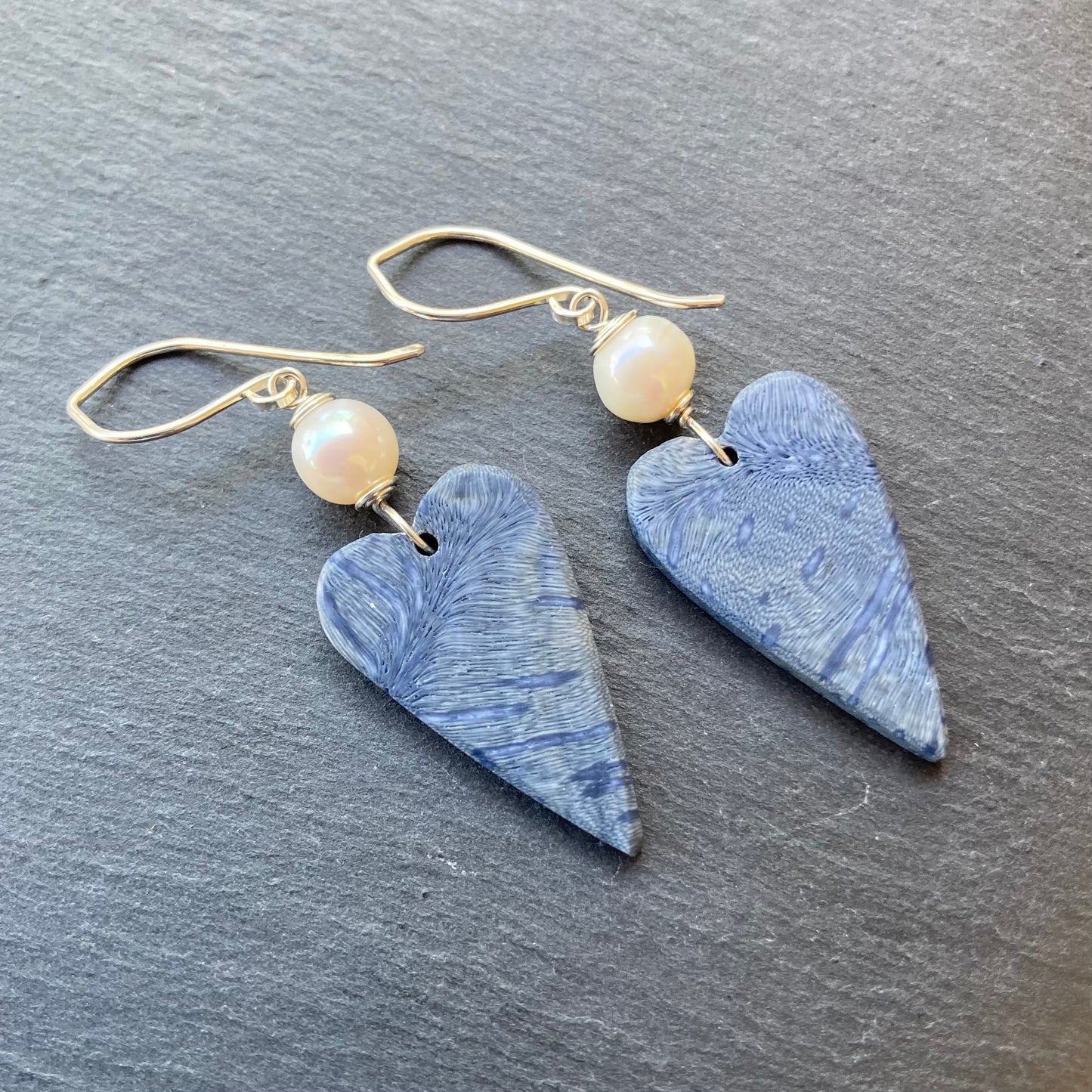 Freshwater Pearl, Sterling Silver & Blue Coral Heart Earrings