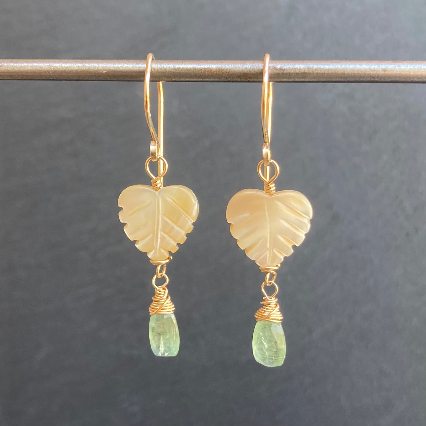Mother of Pearl, Green Kyanite & Gold Palm Heart Earrings