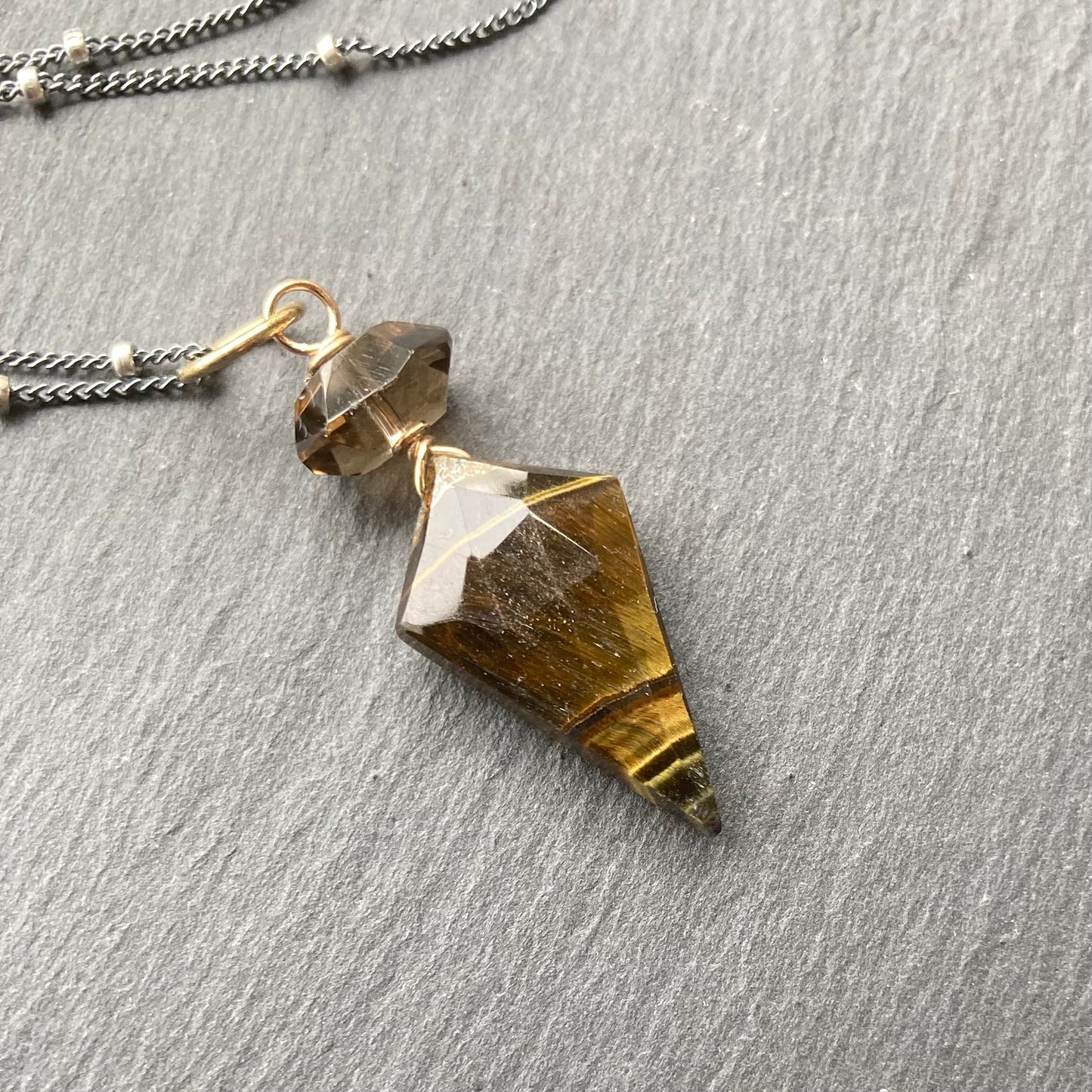 Black Tiger Eye, Smoky Quartz & Mixed Metal Arrowhead Necklace