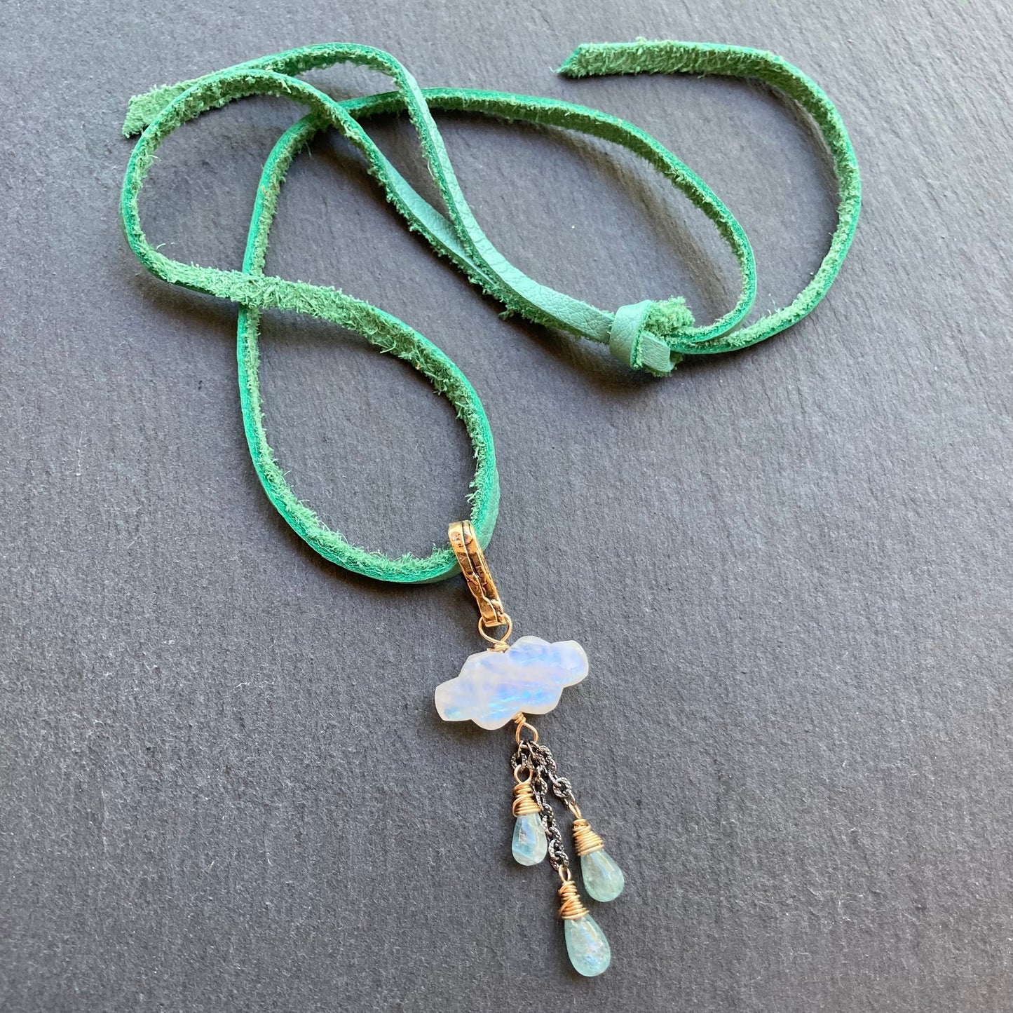 Rainbow Moonstone, Aqua Kyanite & Mixed Metal Monsoon Deertan Leather Choker