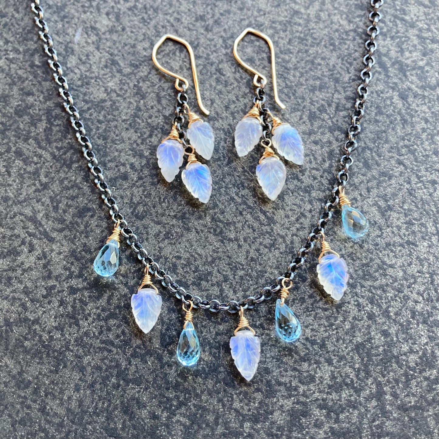 Blue Topaz, Rainbow Moonstone & Mixed Metal Leaf Charm Choker