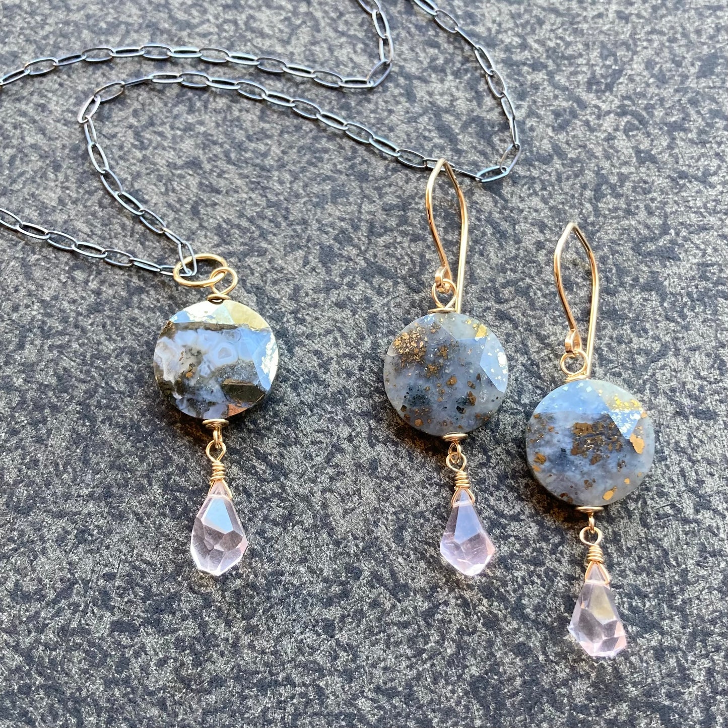 Nipomo Marcasite in Agate, Rose Quartz & Gold Earrings