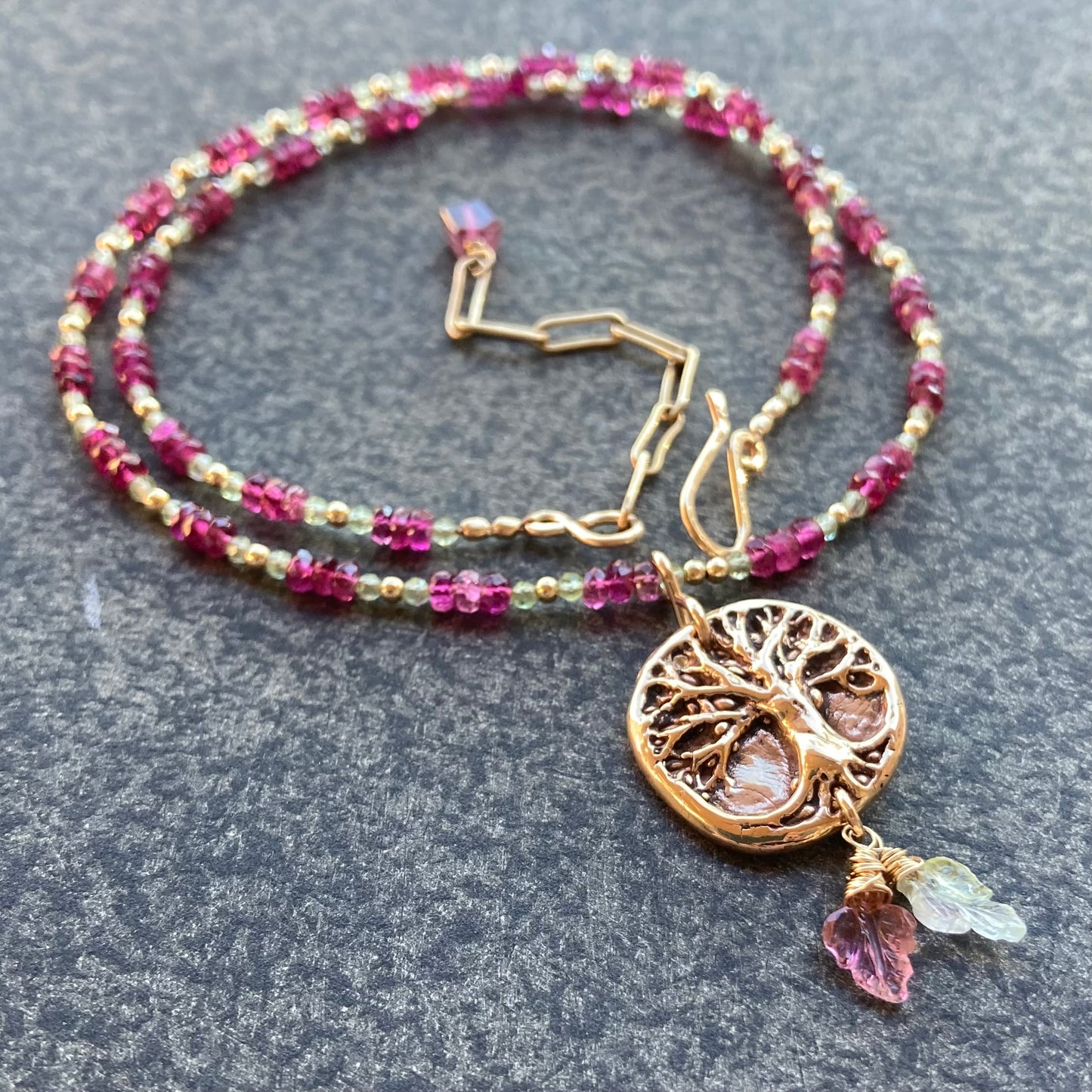 Rubelite Tourmaline, Peridot, Gold & Bronze Tree of Life Pendant Necklace