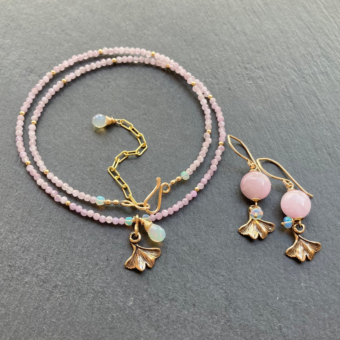 Kunzite, Gold & Bronze Ginkgo Leaf Earrings