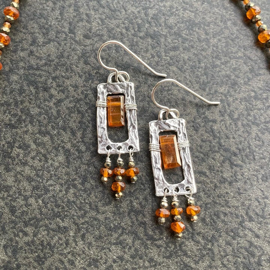 Orange Kyanite, Pyrite & Sterling Silver Rectangle Fringe Hoops