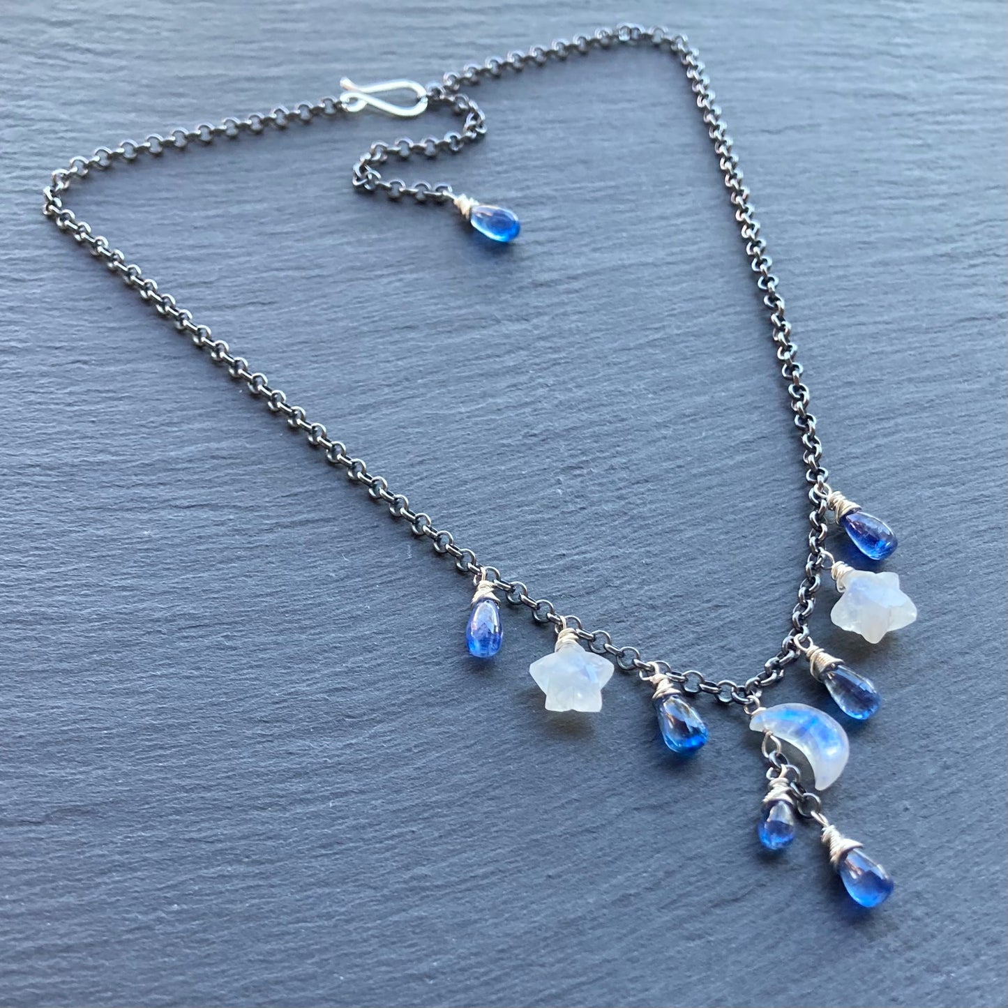 Rainbow Moonstone, Blue Kyanite & Sterling Silver Winter Solstice Charm Choker