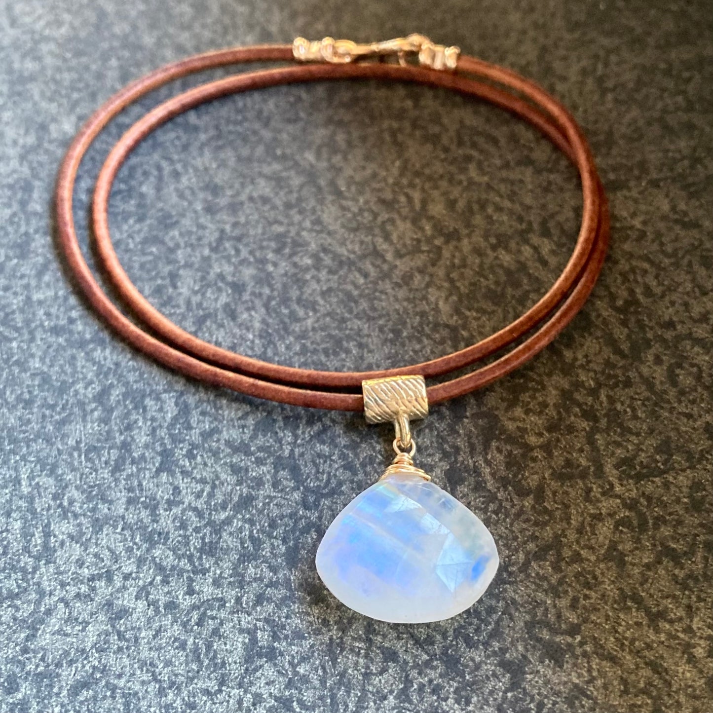 Rainbow Moonstone & Bronze Leather Choker