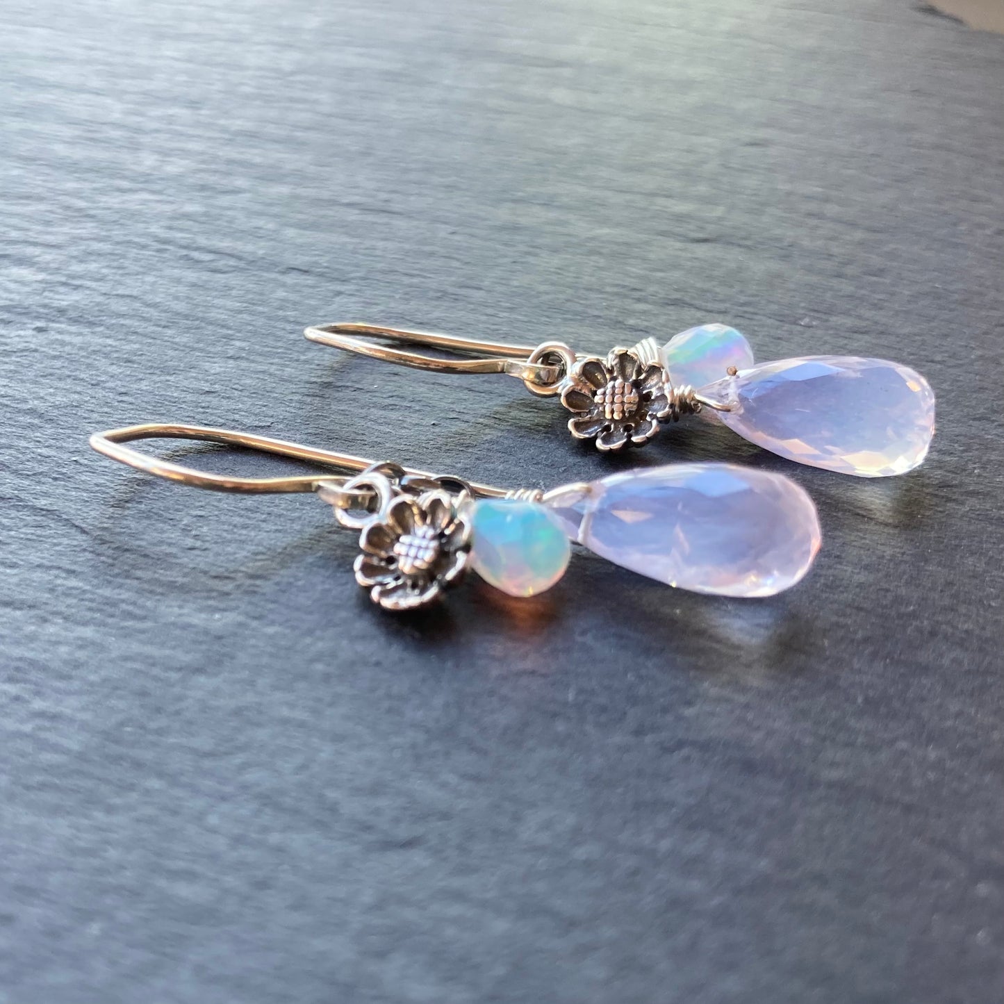 Scorolite, Ethiopian Opal & Sterling Silver Cherry Blossom Earrings