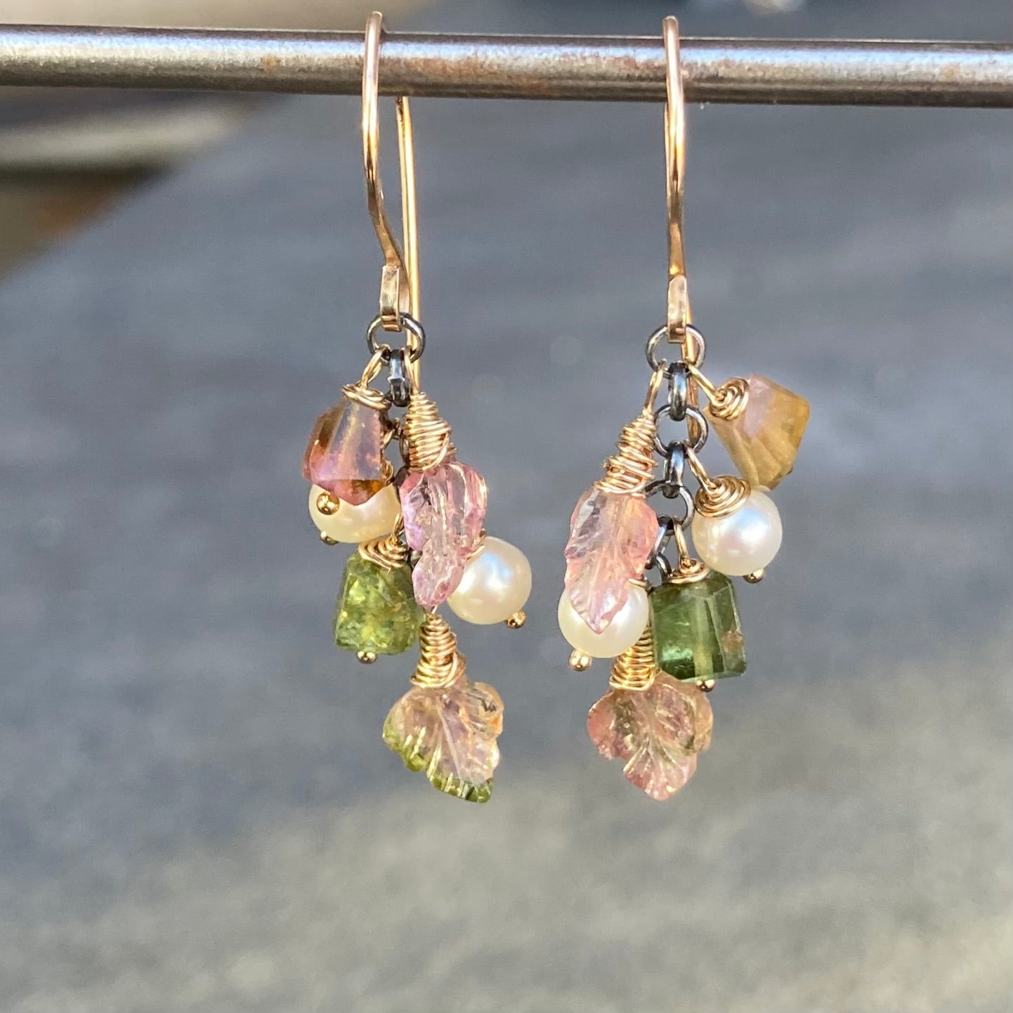 Watermelon Tourmaline, Freshwater Pearl & Mixed Metal Leaf Cascade Earrings