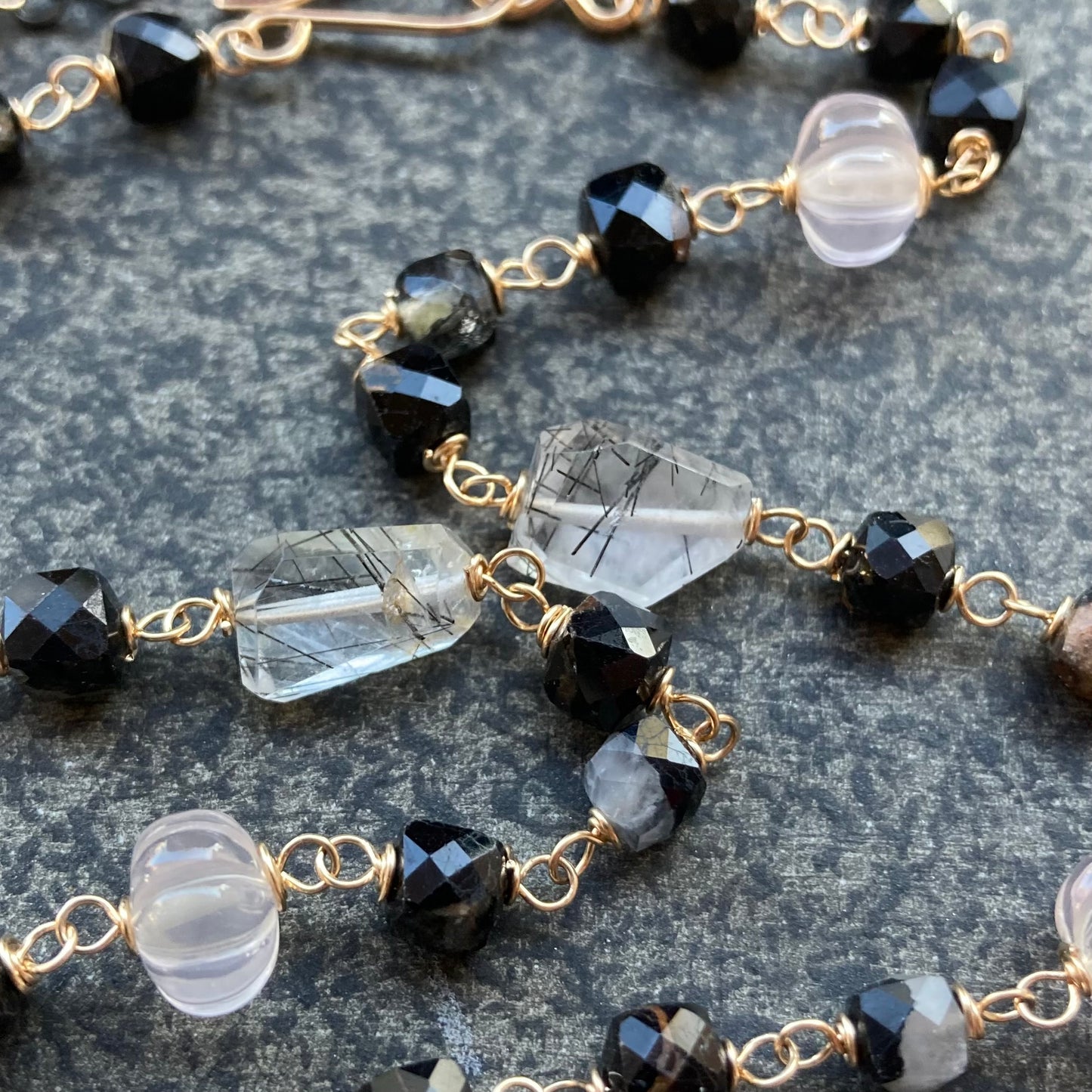 Black Rutilated Quartz, Rose Quartz, Black Tourmaline & Mixed Metal Necklace