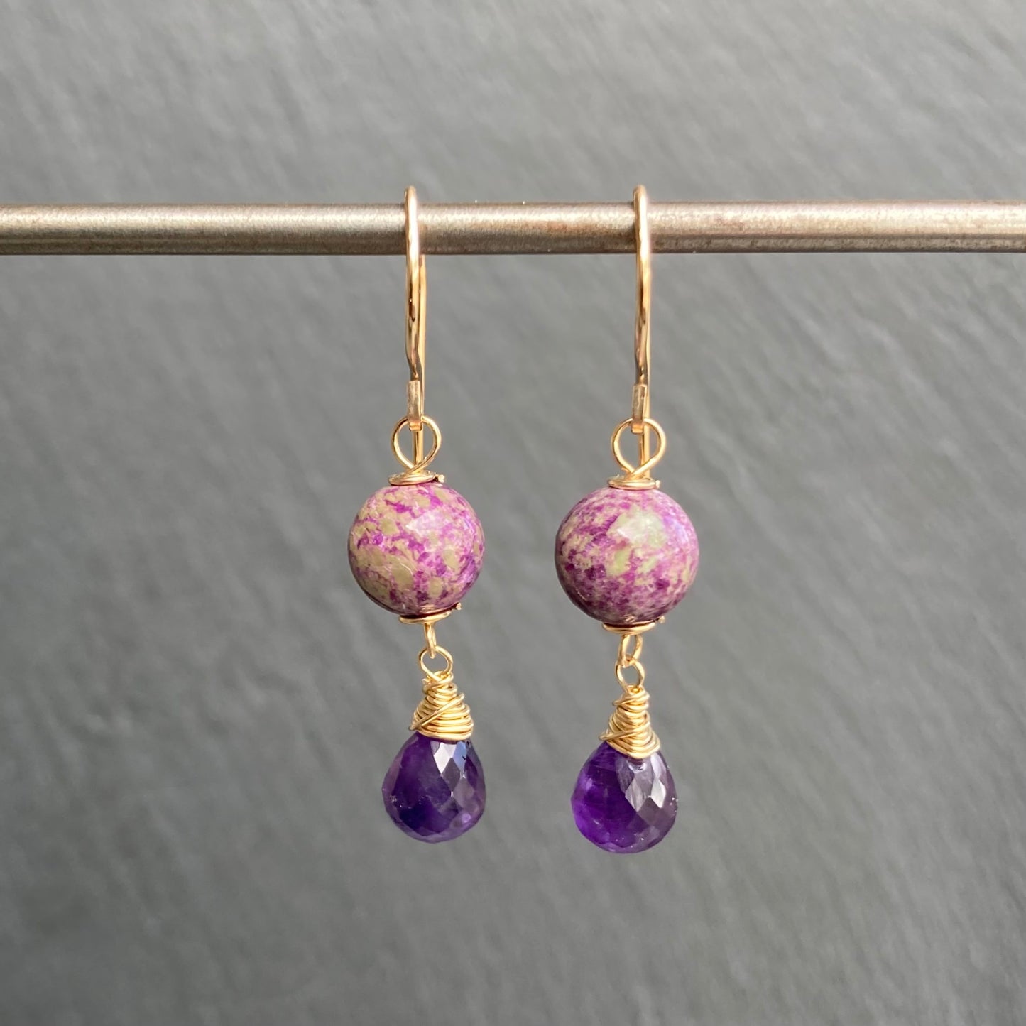 Atlantisite Stichtite, Amethyst & Gold Earrings