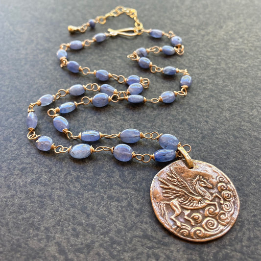 Burmese Sapphire, 14k Gold & Bronze Pegasus Cloud Coin Necklace