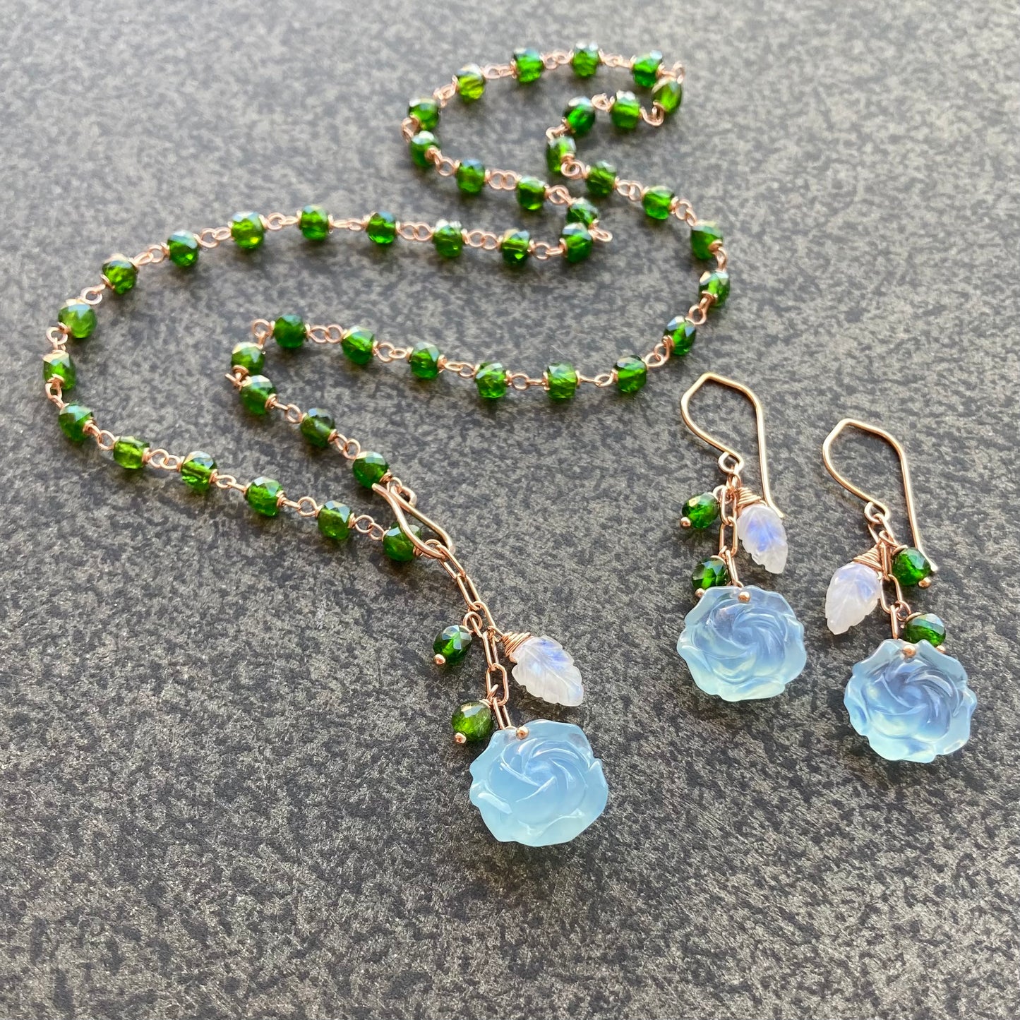 Aquamarine, Chrome Diopside, Rainbow Moonstone & Rose Gold Cascade Earrings