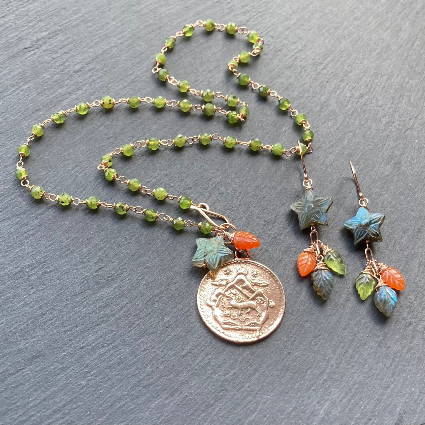 Labradorite & Rose Gold Star Flower Earrings