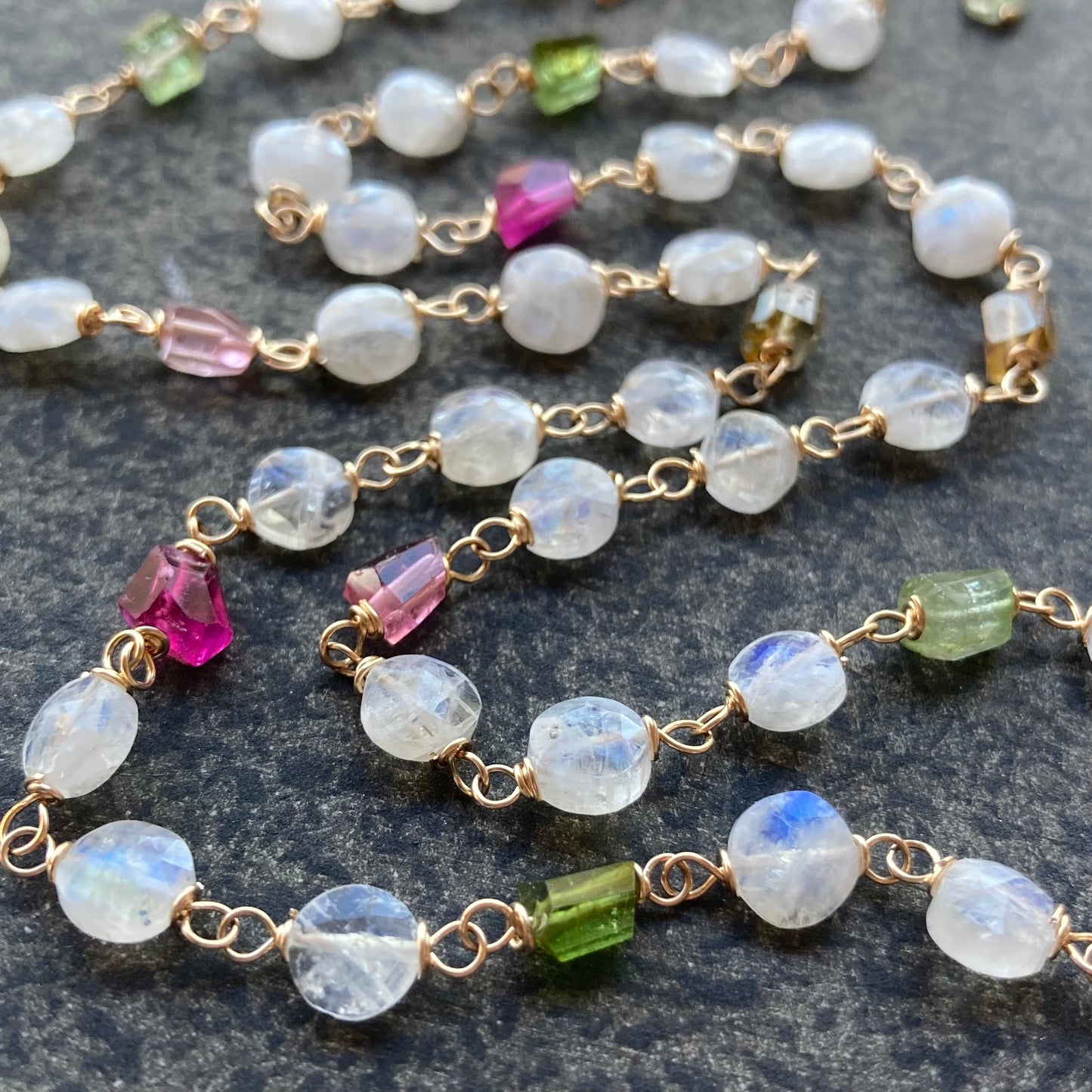 Rainbow Moonstone, Tourmaline & Gold Necklace