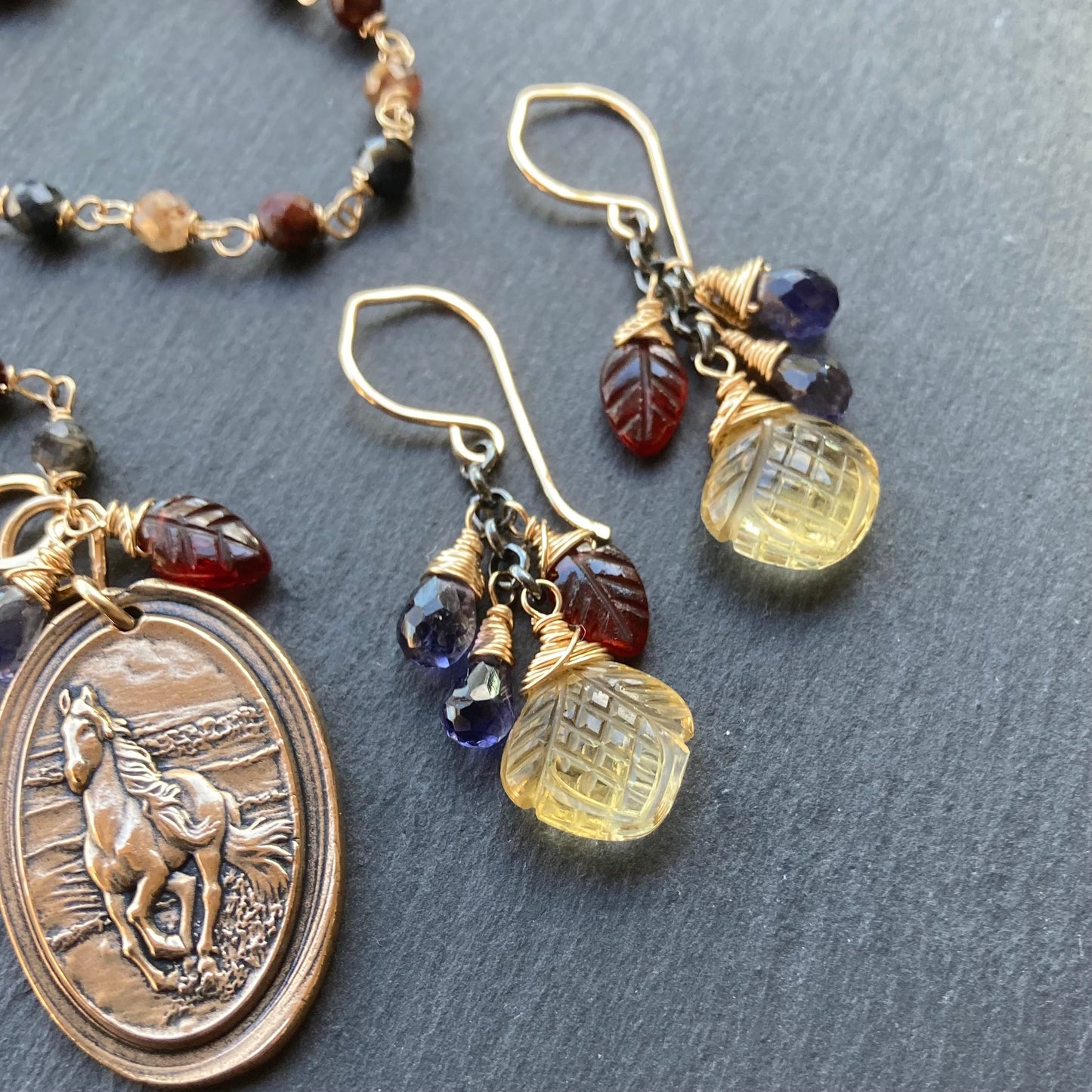 Citrine, Iolite, Garnet & Mixed Metal Earrings