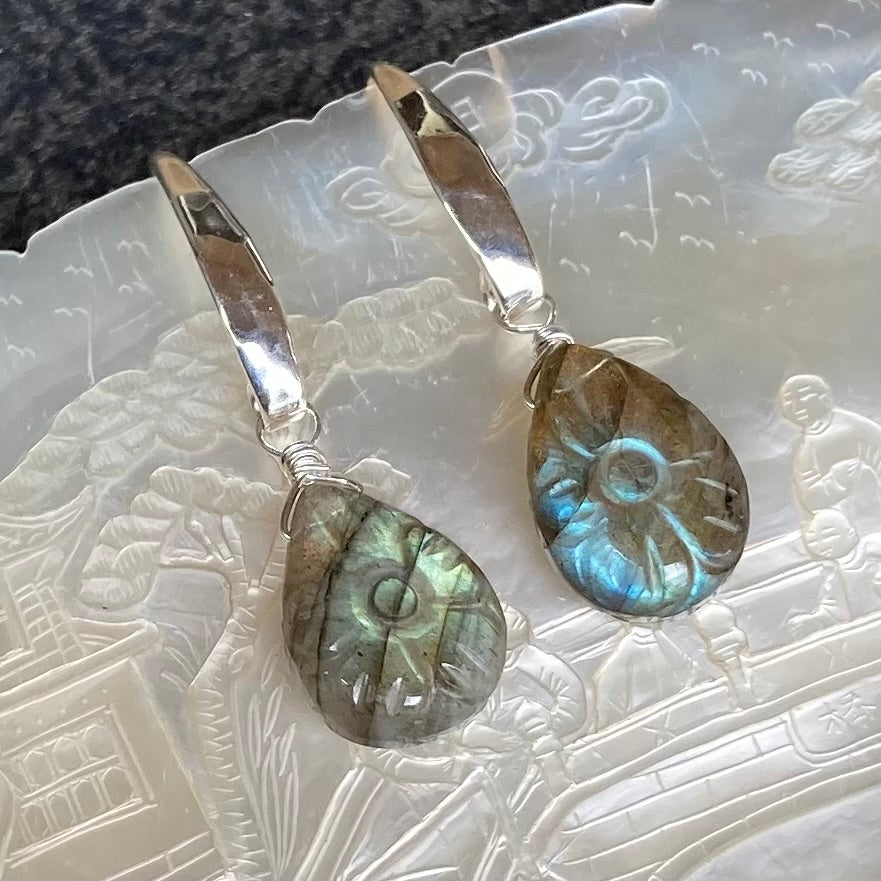 Labradorite Hand Carved Flower & Sterling Silver Marquis Earrings
