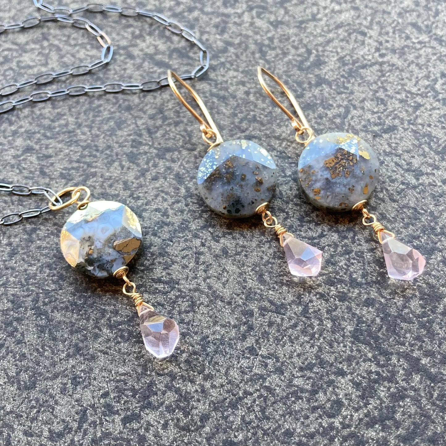 Nipomo Marcasite in Agate, Rose Quartz & Gold Earrings