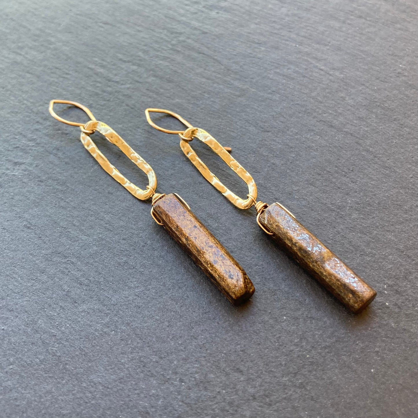 Bronzite, Gold & Bronze Long Drop Earrings