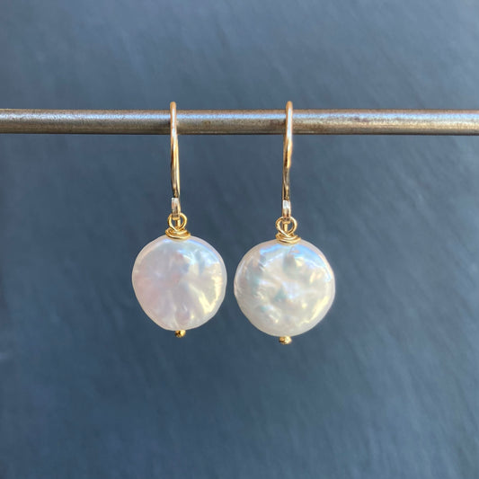 Freshwater Coin Pearl & Gold Earrings